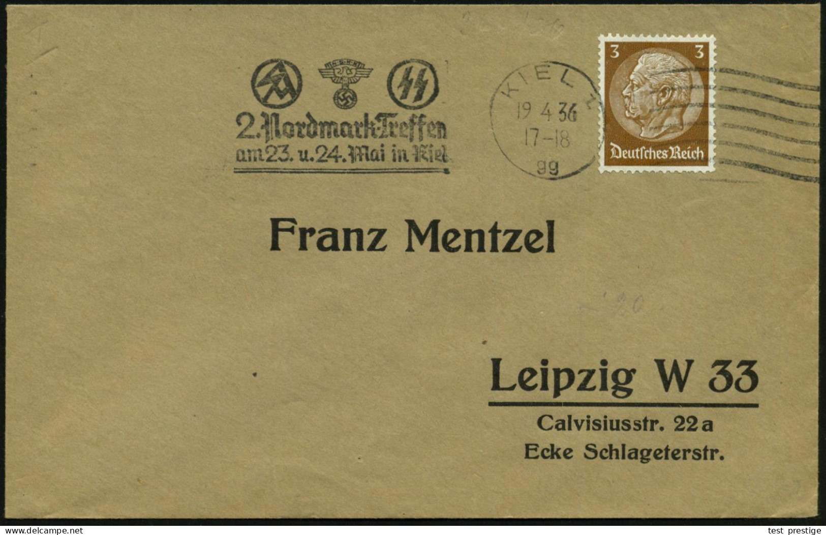 KIEL 1/ Gg/ S A/ NSKK/ S S/ 2.Nordmarktreffen.. 1936 (Apr.) MWSt + 6 Wellen Rechts (SA-, NSKK-, SS-Logo) Klar Gest., Kle - Autres & Non Classés