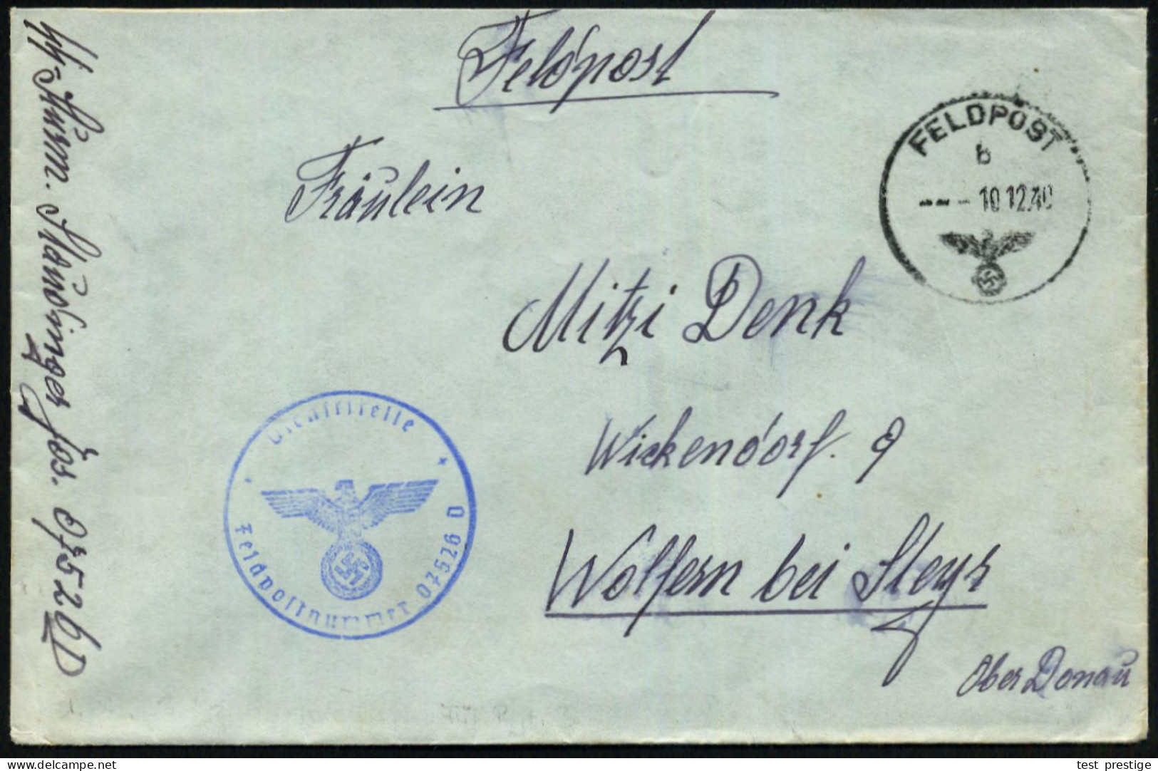 DEUTSCHES REICH 1940 (10.12.) 1K: FELDPOST/b/--- + Blauer 1K-HdN: Feldpostnr. 07526 D =  S S - Inf.-Rgt. 3  "T O T E N K - Otros & Sin Clasificación