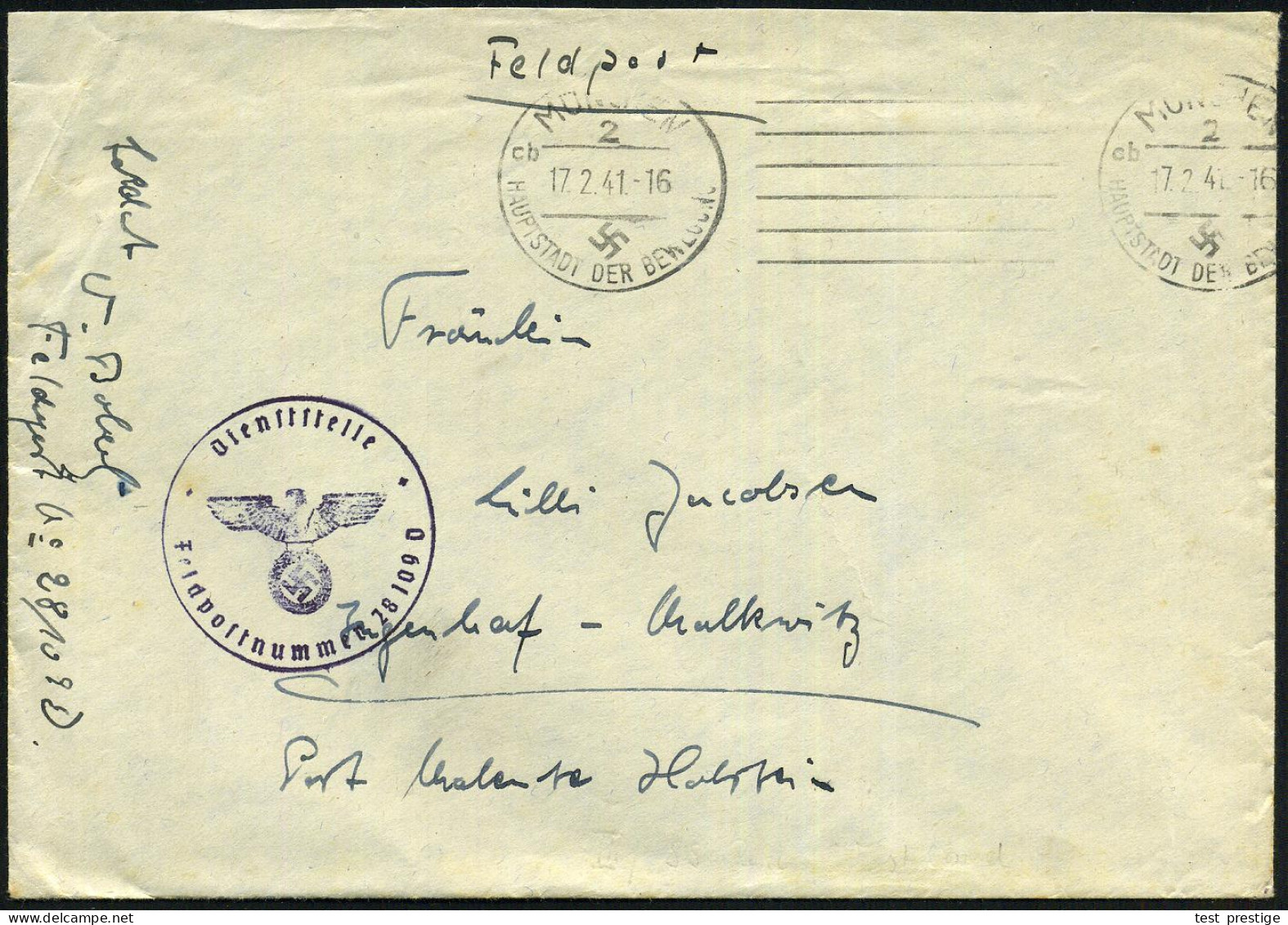 DEUTSCHES REICH 1941 (17.2.) Bd.MaSt: MÜNCHEN 27cb/HDB + Viol. 1K-HdN: Feldpostnr. 28 109 D =  S S - Rgt. "Westland" + H - Otros & Sin Clasificación