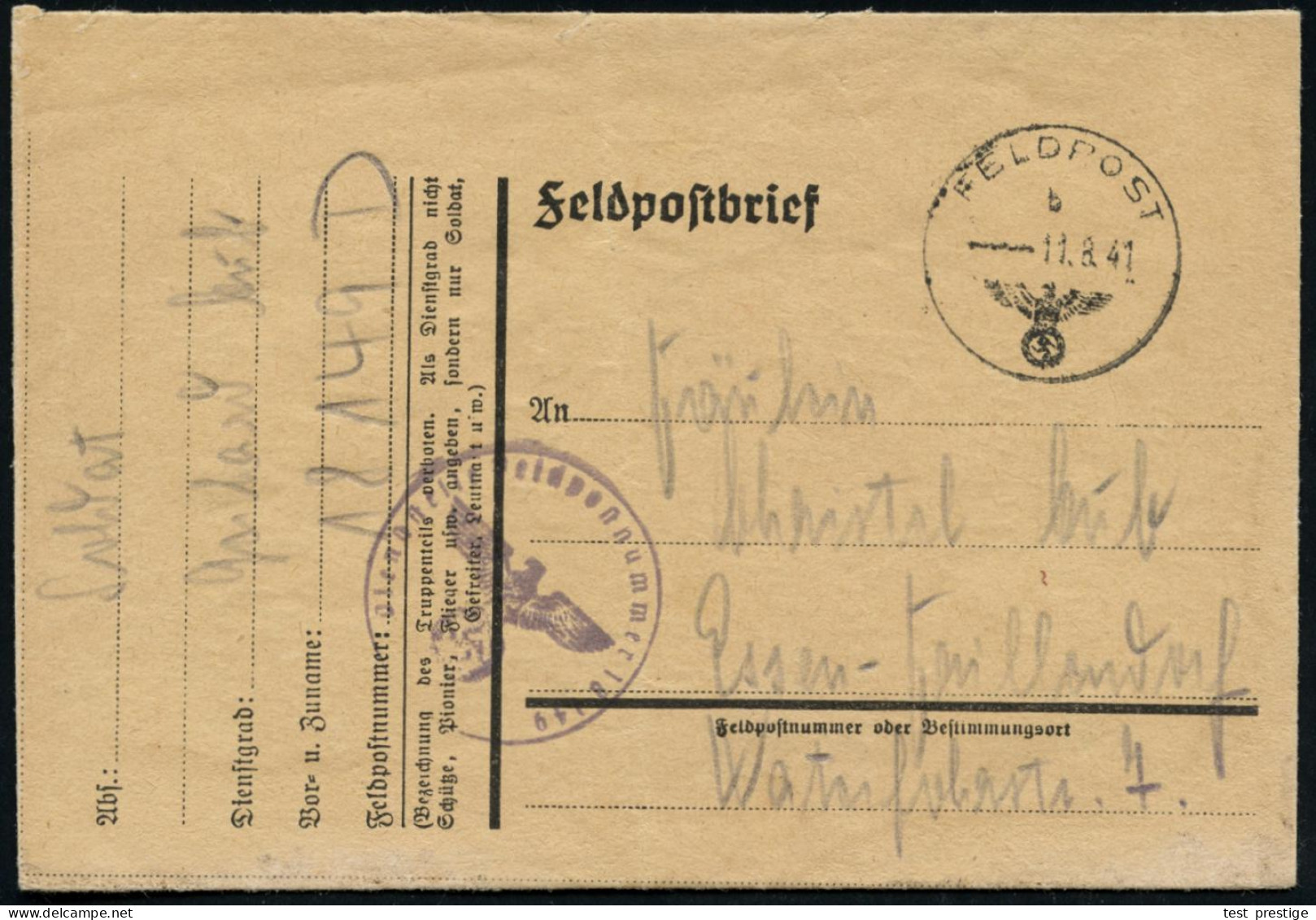 DEUTSCHES REICH 1941 (11.8.) 1K: FELDPOST/b/--- + Viol. 1K-HdN: Feldpostnr. 18 149 =  S S - Regt.  "N O R D L A N D" + H - Other & Unclassified