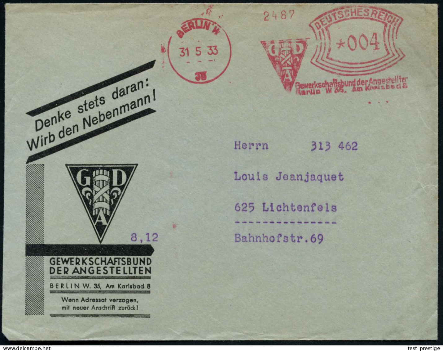 BERLIN W/ 35/ GDA/ Gewerkschaftsbund Der Angestellten.. 1933 (4.3.) Seltener AFS Francotyp = GDA-Logo Mit Liktorenbündel - Otros & Sin Clasificación