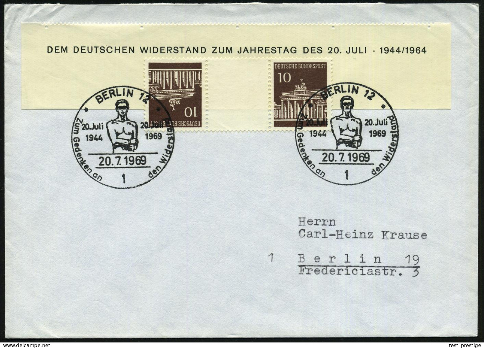 1 BERLIN 12/ 20.Juli/ 1944/ Zum Gedenken An Den Widerstand 1969 (20.7.) SSt = "Mann In Fesseln" (Skulptur Von Rich. Schr - Otros & Sin Clasificación