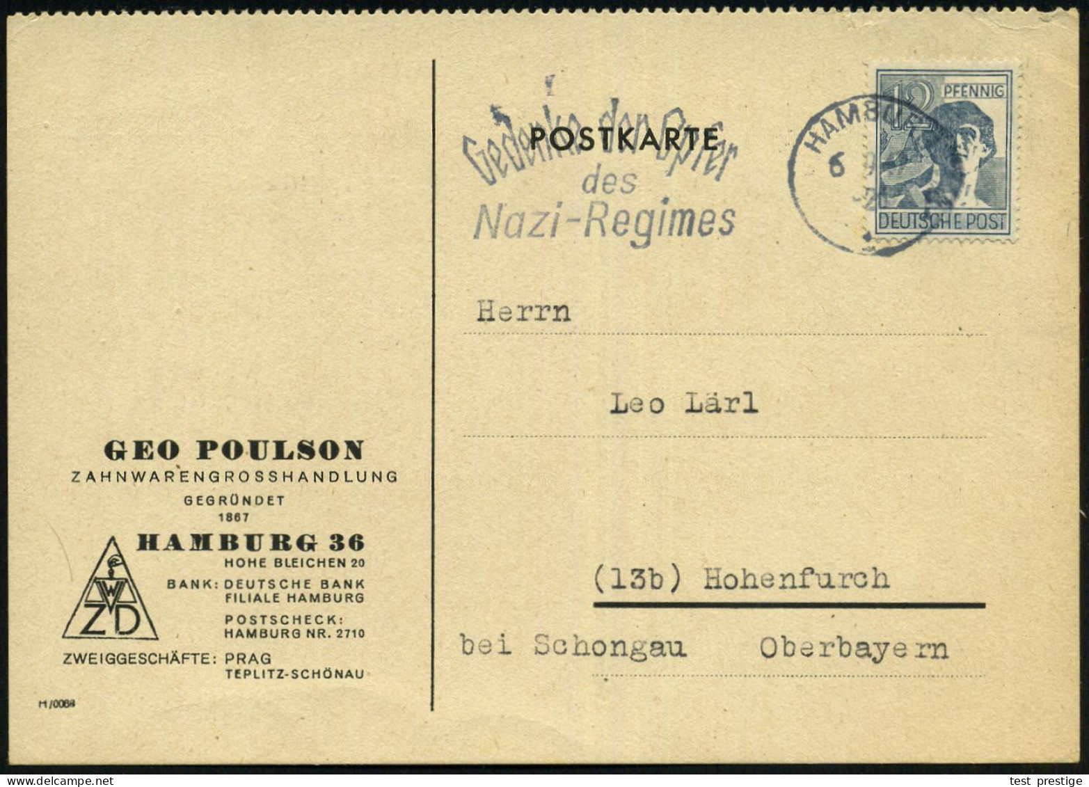 HAMBURG/ 1/ Gedenke Der Opfer/ Des/ Nazi-Regimes 1947 (6.9.) Seltener MaWSt. Auf Firmen-Karte (Bo.S 453 A , Nur 1 Monat  - Other & Unclassified