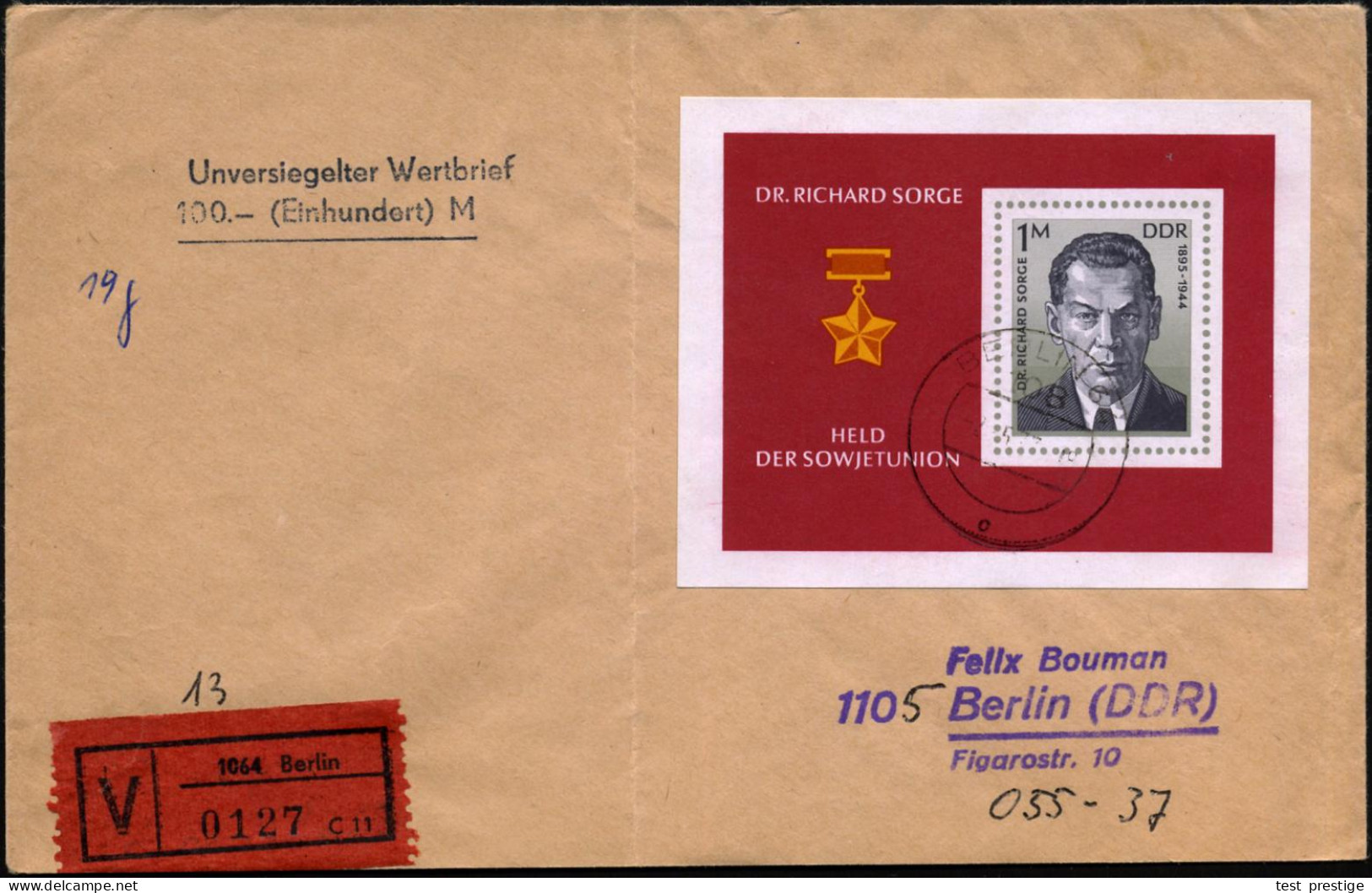 D.D.R. 1977 (2.5.) 1 Mk. "Richard Sorge" = Stalins Sowjet. Top-Spion In Japan, Block EF Klar Gest. (Bf. Unten Etw. Verkü - Sonstige & Ohne Zuordnung