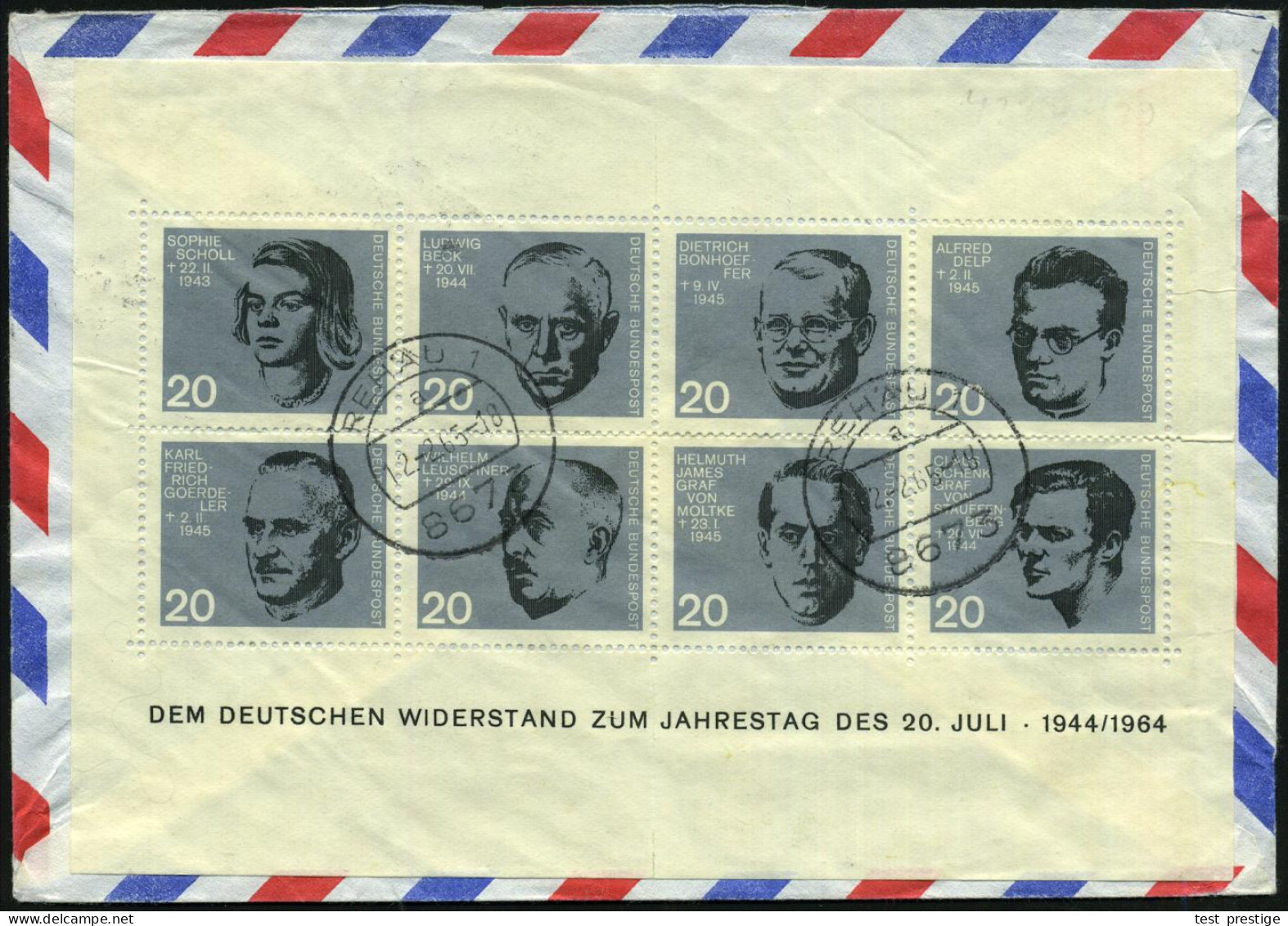 B.R.D. 1965 (12.2.) Widerstandskämpfer-Block, EF (2 Kl. Klebefalte) 1K: 8673 REHAU 1, Rs. Frankierter Bedarfs-Übersee-Fl - Autres & Non Classés