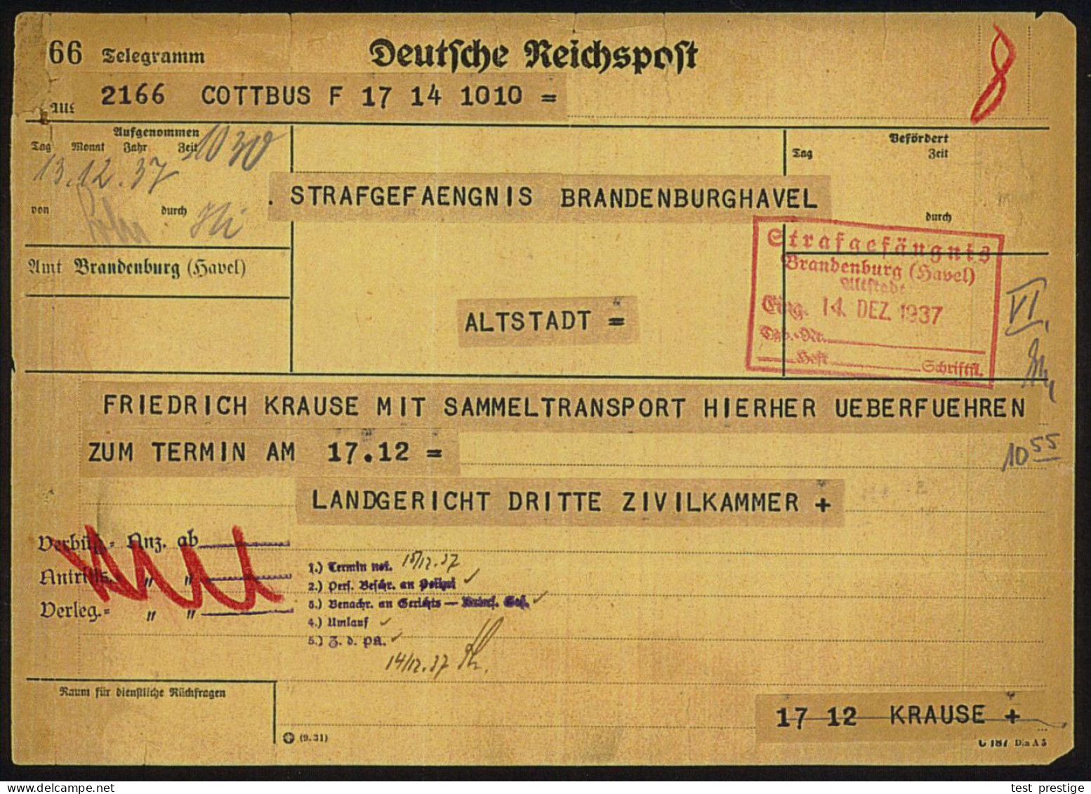 Brandenburg (Havel) /  Cottbus 1937 (14.12.) Roter Ra.6 A. Telegramm-Formular: Amt Brandenburg (Havel) ,Telegramm Aus Co - Other & Unclassified