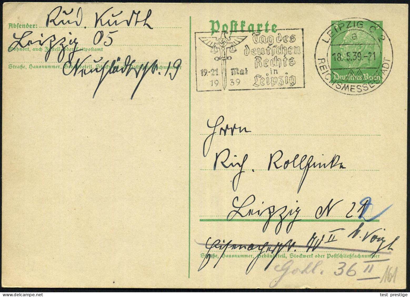 LEIPZIG C2/ A/ MM/ REICHSMESSESTADT/ Tag Des/ Deutschen/ Rechts/ 19.-21.Mai 1939 (Mai) Seltener MWSt = NSRB-Symbol (mit  - Autres & Non Classés