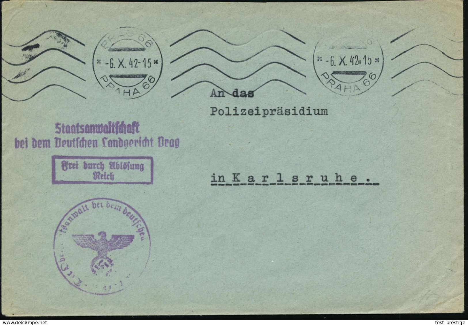 BÖHMEN & MÄHREN 1942 (6.10.) BdMaSt.: PRAG 66/PRAHA 66 + Viol. 2L: Staatsanwaltschaft/bei Dem Deutschen Land-gericht Pra - Other & Unclassified