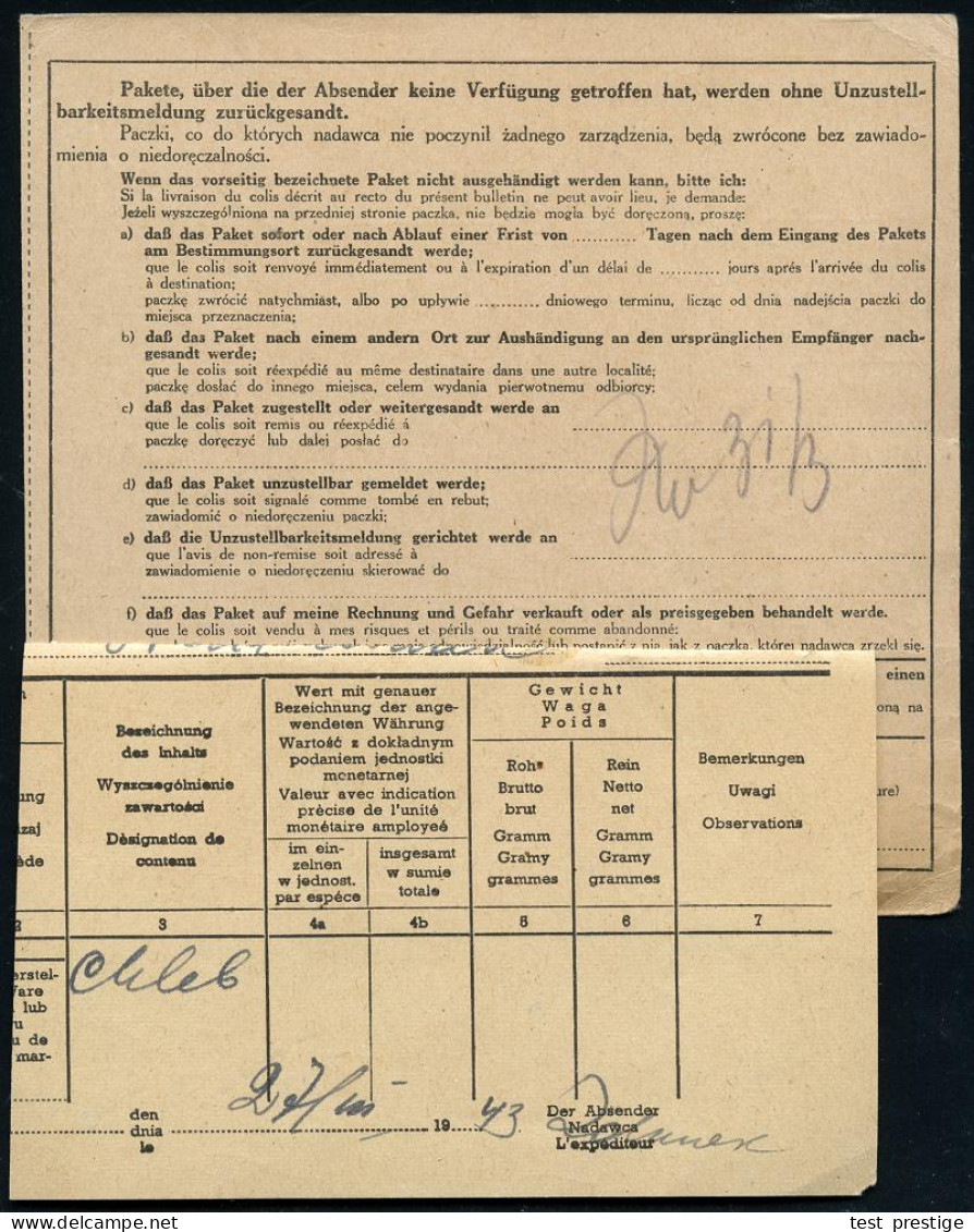 GENERALGOUVERNEMENT 1943 (7.3.) 2K-Steg: OSTROW/e/(DISTR. WARSCAU) Auf Freimarke 50 Gr. U. 1 Zl. + Schw. Paketzettel: Os - Otros & Sin Clasificación