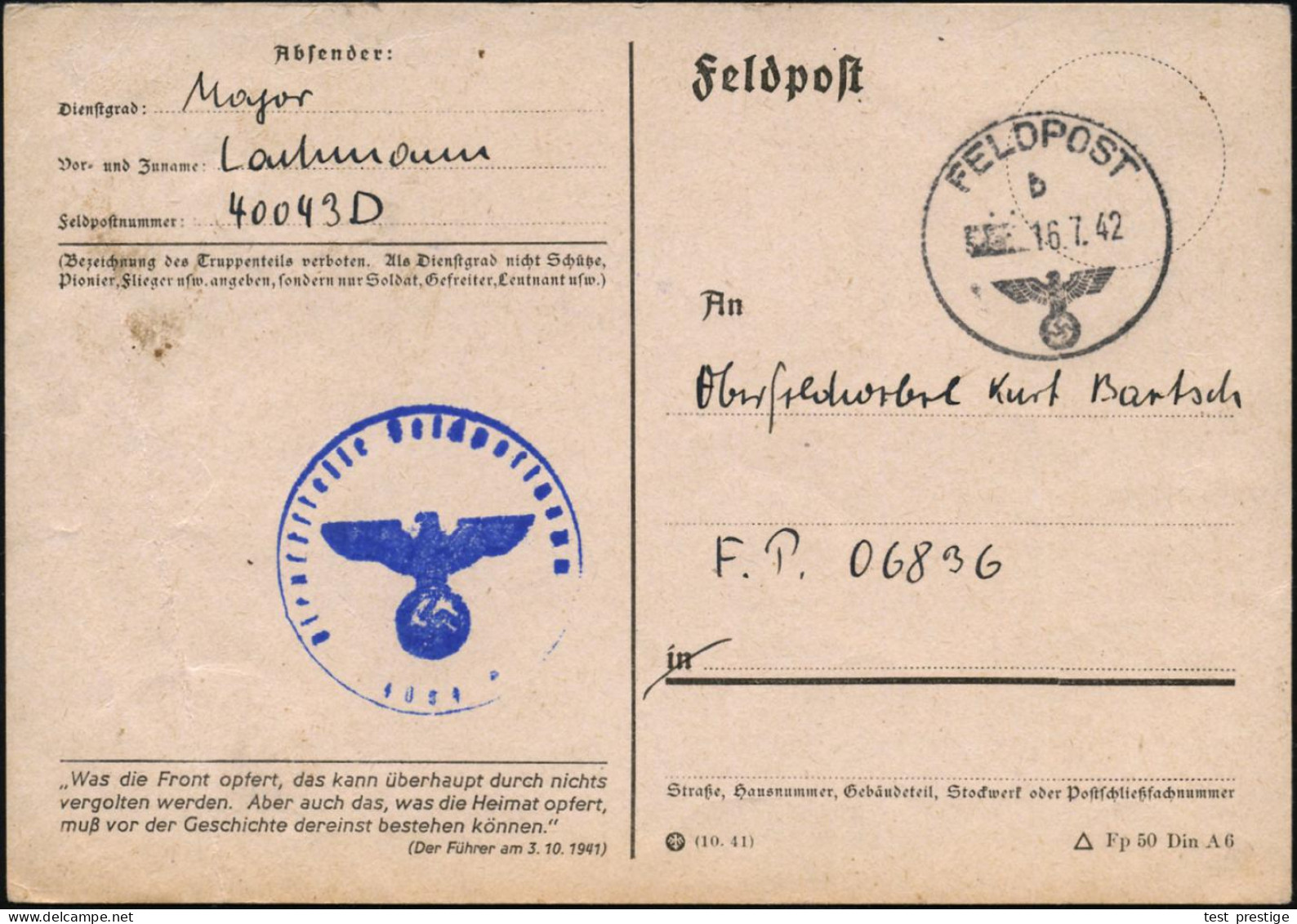 DEUTSCHES REICH 1942 (16.7.) 1K: FELDPOST/b/--- + Bl. 1K-HdN: Feldpostnr. 40043 (teils Etw.undeutl.) + Hs. Fp.Nr. Zusätz - Otros & Sin Clasificación