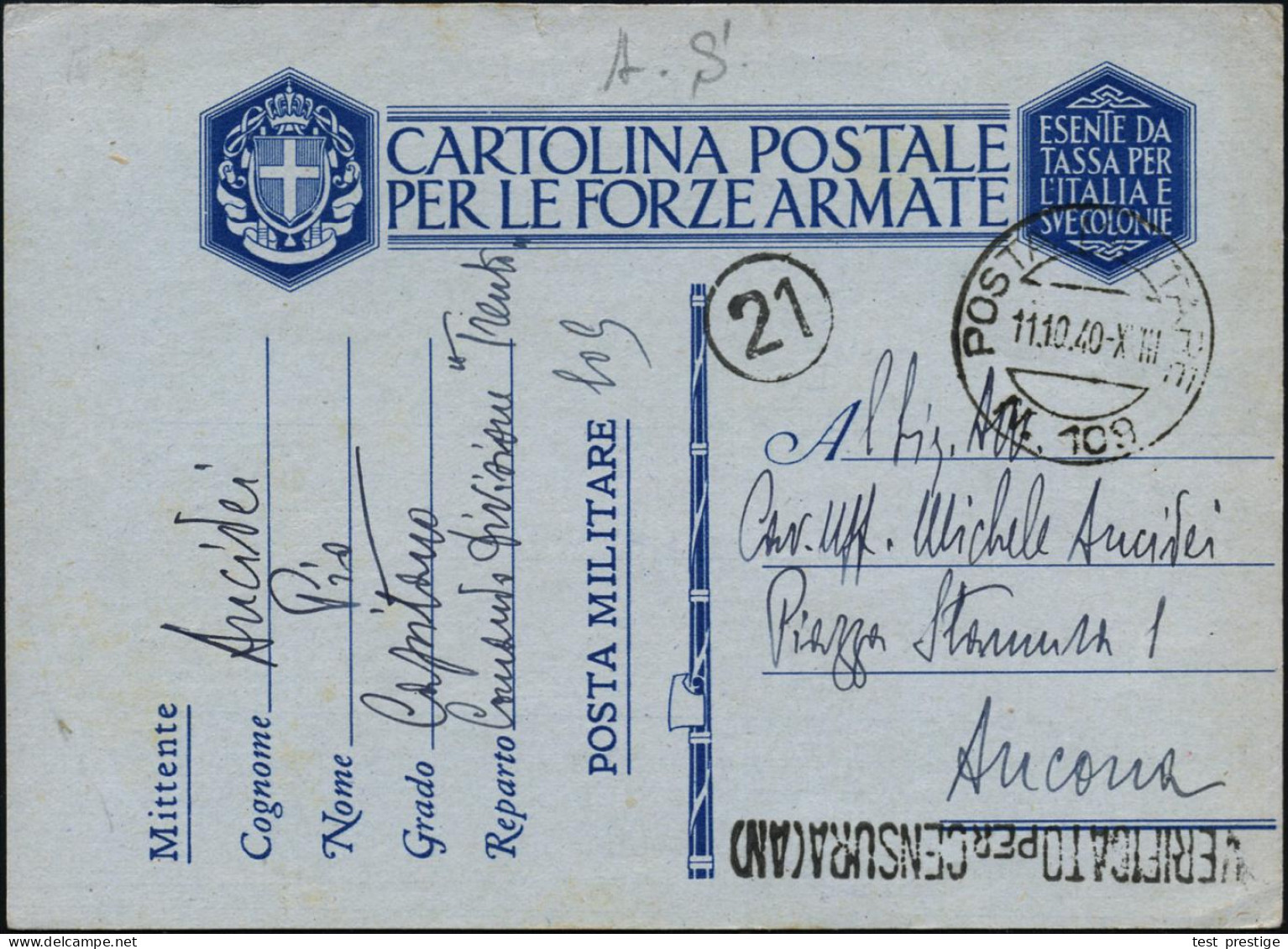 ITALIEN 1940 (11.10.) 1K: POSTE MILITARE/N. 109 = 21. Inf. Div. + Schw. Zensur-1L: VERIFICATO PER CENSURA (AN) (= Ancona - Sonstige & Ohne Zuordnung