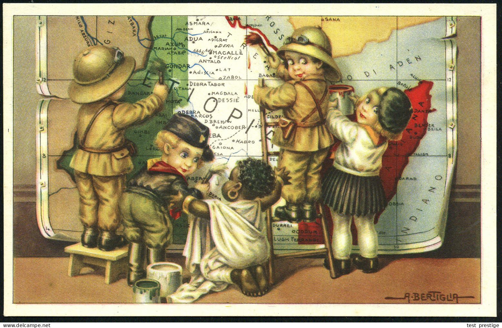 ITALIEN 1935 (ca.) Color-Propaganda-Künstler-Ak.: ETIOPIA.. = Faschistische Kinder Malen Äthiopienkarte Mit Italienische - Sonstige & Ohne Zuordnung