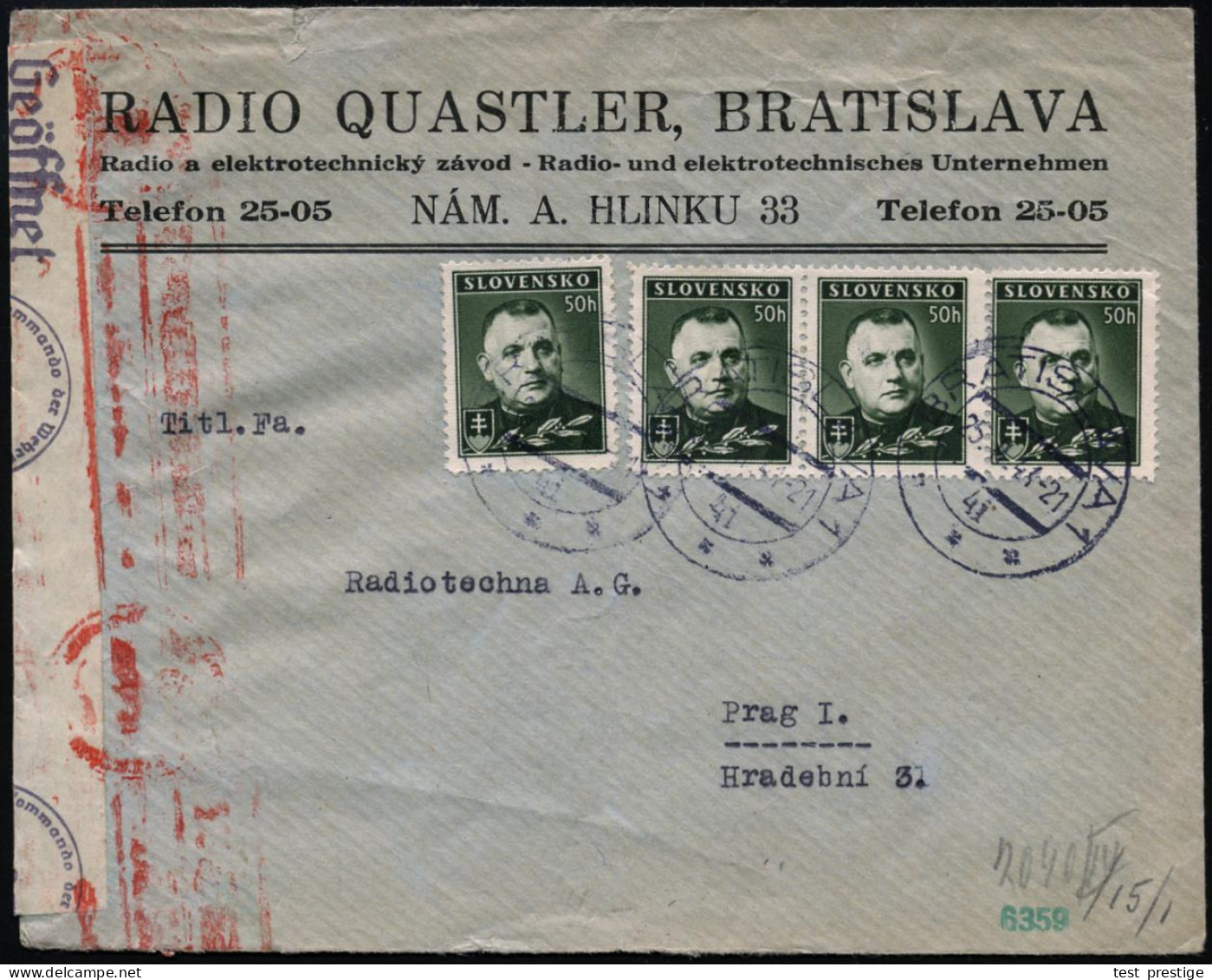 SLOWAKEI 1941 (25.11.) 50 H. Tiso, Grün, Reine MeF: 4 Stück , 3x 2K: BRATISLAVA 1 + OKW-Zensurstreifen "Geöffnet/g" + Ro - Otros & Sin Clasificación