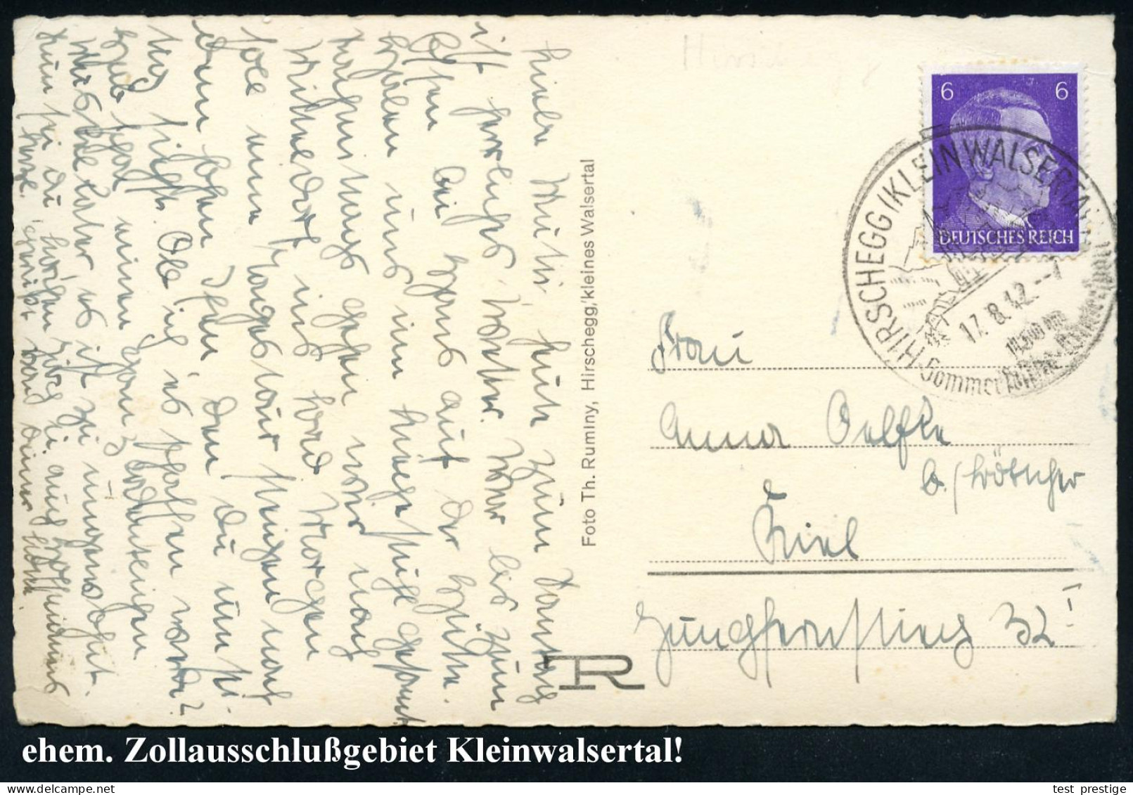 HIRSCHEGG (KLEINWALSERTAL)Sommerfrische.. 1942 (17.8.) HWSt = Ehem. Zollausschlußgebiet Auf EF 6 Pf. Hitler , S/w.-Foto- - Autres & Non Classés
