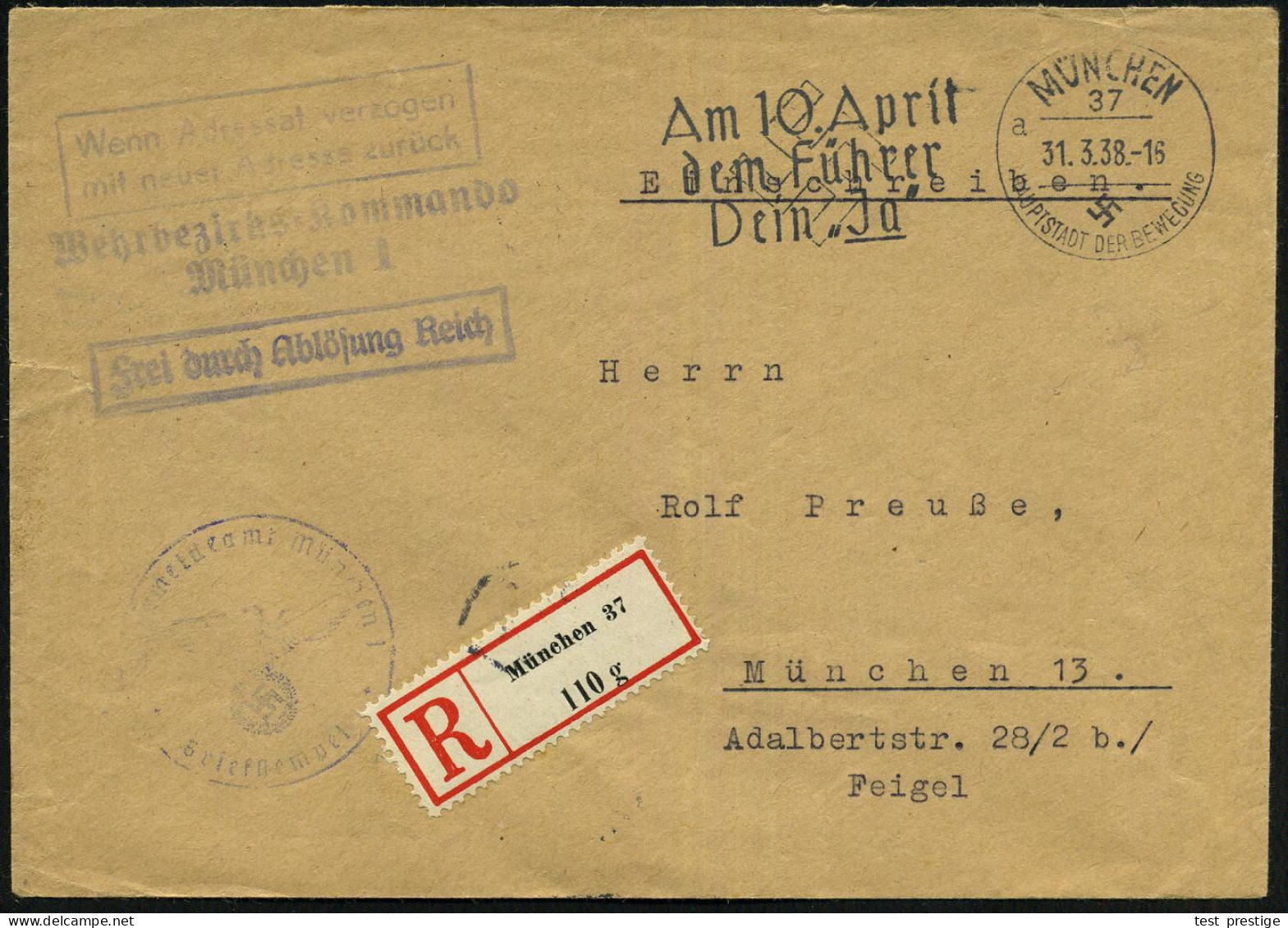 MÜNCHEN/ 37/ A/ HDB/ Am 10.April/ Dem Führer/ Dein "Ja" 1938 (31.3.) Seltener MWSt = Abstimmung Zum Österreich-"Anschluß - Sonstige & Ohne Zuordnung