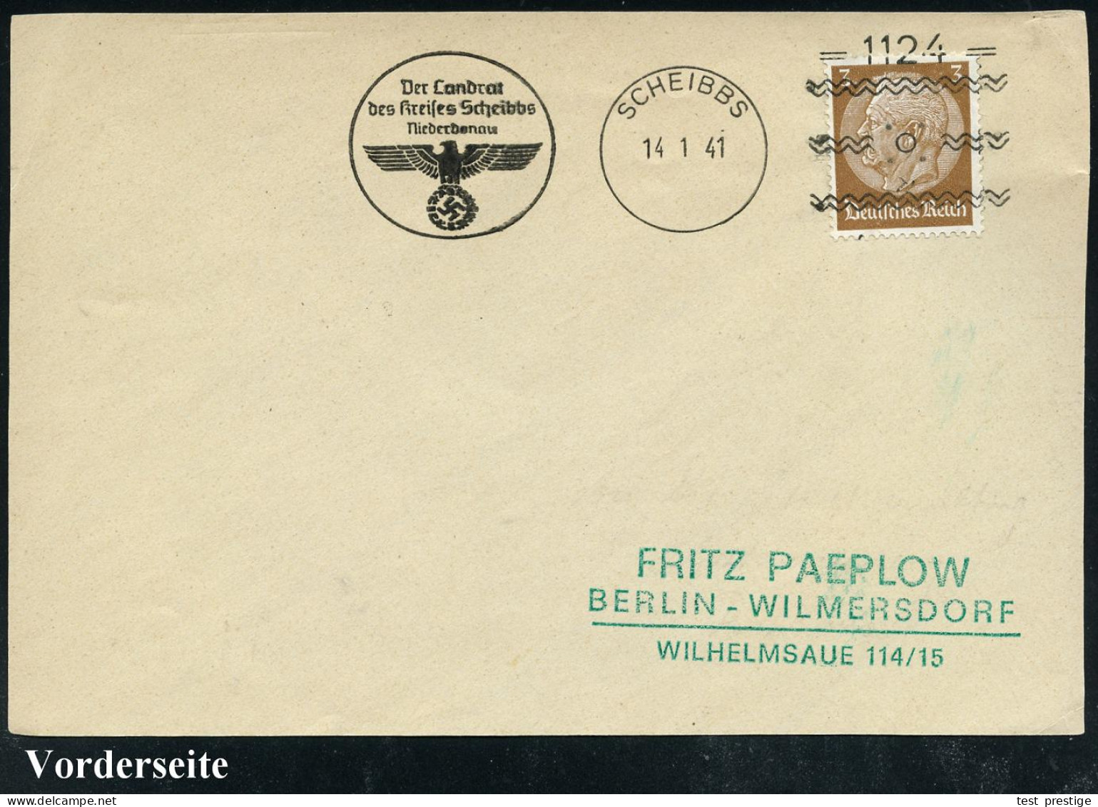 SCHEIBBS/ =1124=/ Der Landrat/ Des Kreises Scheibss.. 1941 (14.1.) Seltener Freimarkenstempel (Hakenkreuzadler) = Franki - Other & Unclassified