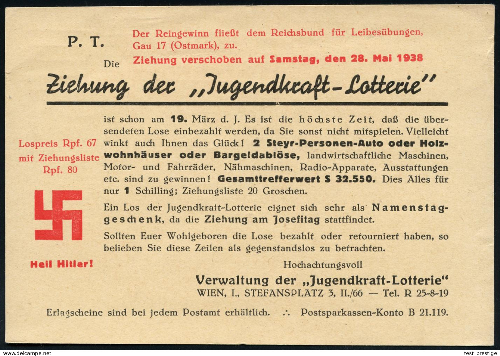 Wien 1 1938 (175.) österr. PFS: 1 WIEN 1/* 4f */3 GROSCHEN/BAR BEZAHLT Auf Reklame-Kt. Der "Jugendkraft-Lotterie" Mit Ro - Autres & Non Classés