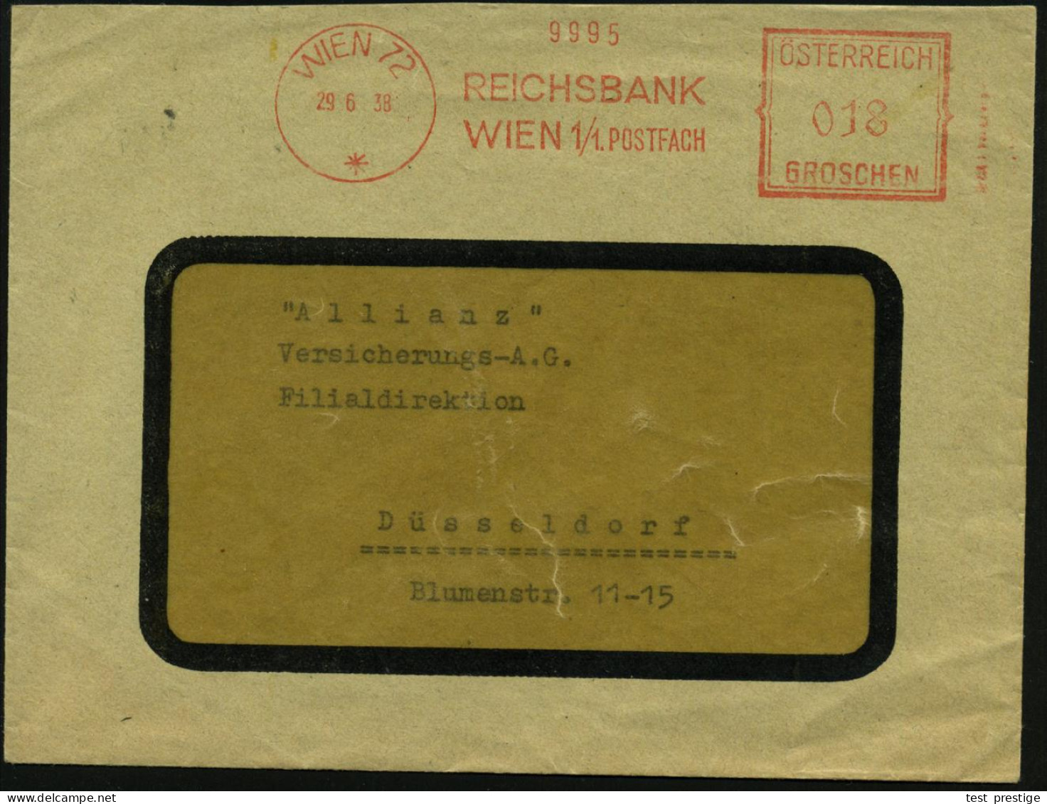 WIEN 72/ */ REICHSBANK/ WIEN.. 1938 (29.6.) Seltener, österr. AFS Francotyp 018 Gr. Unverändert Weiterverwendet (neuer T - Otros & Sin Clasificación