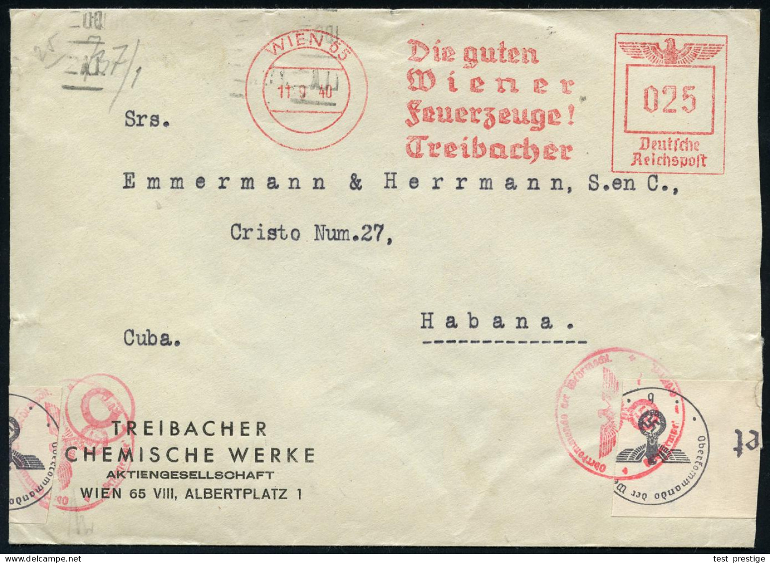 WIEN 63/ Die Guten/ Wiener/ Feuerzeuge!/ Treibacher 1940 (11.9.) AFS Francotyp 025 Pf. + 2x Roter OKW-Zensur-1K: Geöffne - Sonstige & Ohne Zuordnung