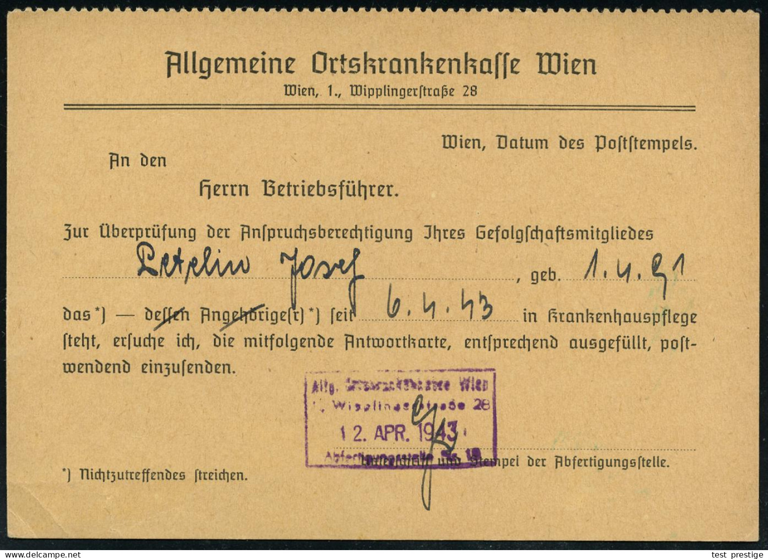 WIEN 8/ */ Allgemeine/ Ortskrankenkasse/ Wien.. 1943 (13.4.) Aptierter, Ehem. österr. AFS Mit 8-strahligem Stern Im Orts - Other & Unclassified