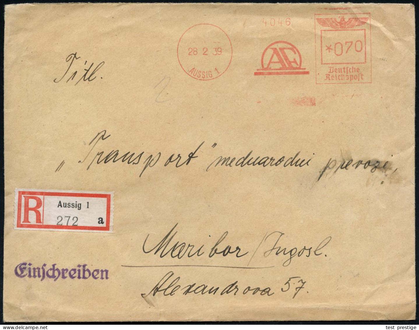 AUSSIG 1/ A F 1941 (6.11.) Aptierter, Tschechischer AFS Francotyp 070 Pf. = CSR-Ortsname Entfernt, Aber Alte, Kleine CSR - Other & Unclassified