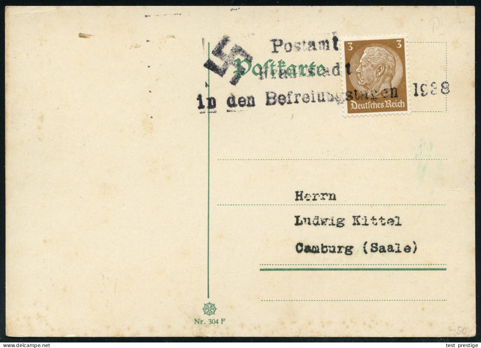 Postamt/ Frankstadt/ In Den Befreiungstagen 1938 1938 Schw. 3L Mit Hakenkreuz (ohne Tag/Monat) Auf Inl.-Drs.-Karte (Mi.5 - Autres & Non Classés