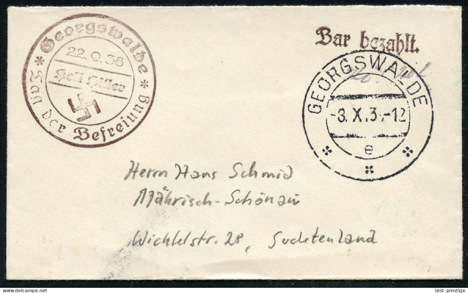 GEORGSWALDE/ E 1938 (3.10.) CSR-2K + Viol. 1L: Bar Bezahlt + Viol. 2K-HdN: Georgswalde/Tag Der Befreiung/ Heil Hitler (H - Autres & Non Classés