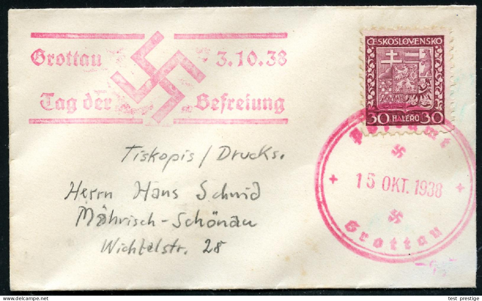 Postamt/ Grottau 1938 (15.10.) Roter 2K Mit 2 Hakenkreuzen Auf EF CSR 30 H. Freimarke + Roter HdN: Grottau 3.10.38/ Tag  - Other & Unclassified