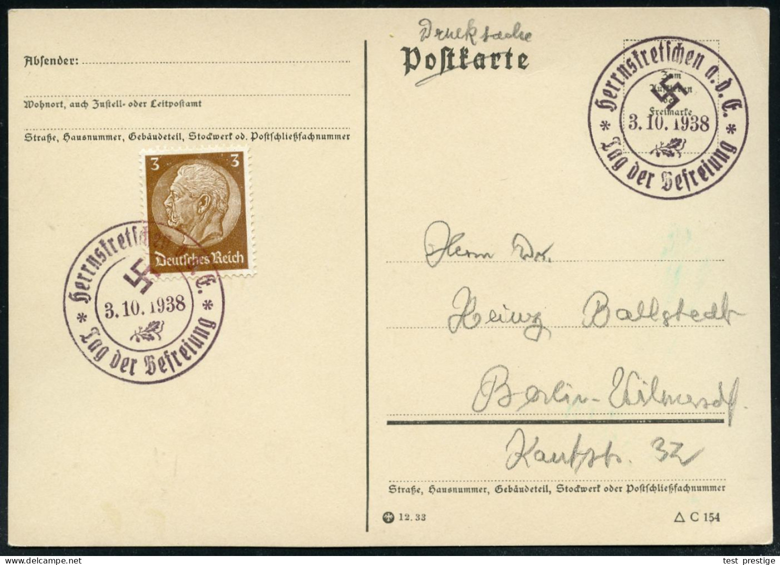 Herrnstretschen A.d.E./ Tag Der Befreiung 1939 (3.10.) Viol. SSt Mit Hakenkreuz 2x Auf Inl.-Drs.-Karte (Mi.513) - SUDETE - Other & Unclassified