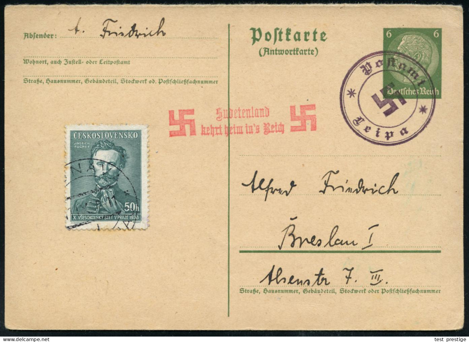 Postamt/ Leipa 1938 (Okt.) Viol. 3K Mit Hakenkreuz (ohne Datum) + Roter HdN: Sudetenland/ Kehrt Heim In's Reich (2 Haken - Altri & Non Classificati