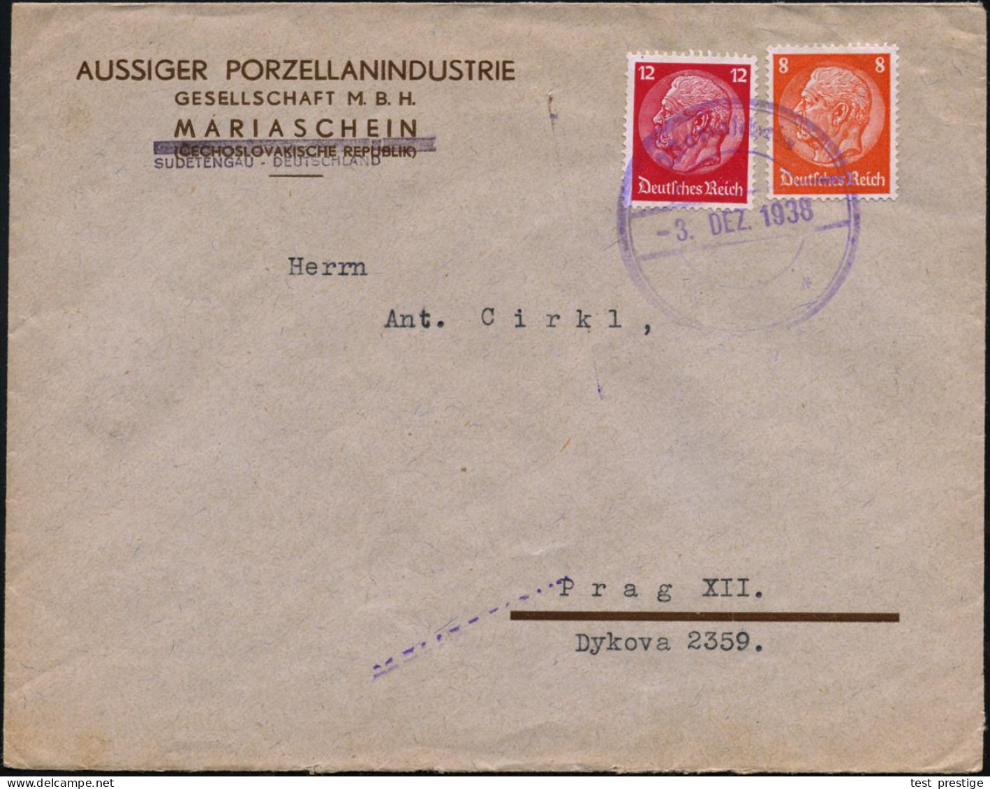 Mariaschein 1938 (3.12.) Viol. 2K-Notstempel Mit Datum (unten Etw. Undeutl.) Auf 8 Pf. U. 12 Pf. Hindenburg = 20 Pf. , A - Otros & Sin Clasificación