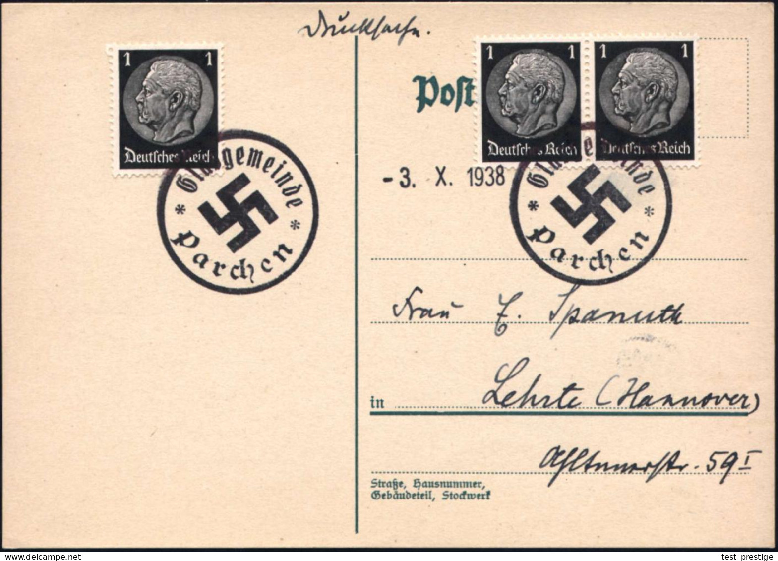 Parchen/ Glasgemeinde 1938 (3.10.) 1K-Notstempel + Datums 1L = Sudeten-Besetzung! ,3x 1Pf. Hindenbg., Glasklar Gest. Inl - Other & Unclassified