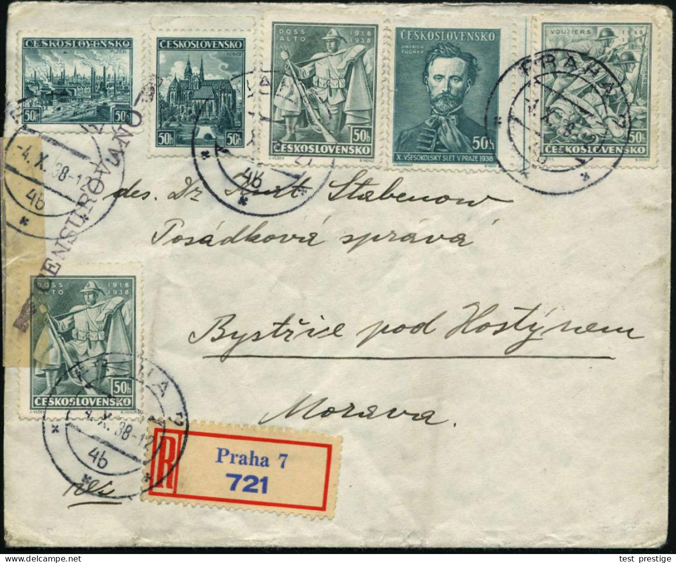 TSCHECHOSLOWAKEI 1938 (1.10.) 50 H. Legion Vouziers, 2x 50 H. Doss Alto U.a., 2K + Gez. RZ: Praha 7 + 2x Viol. Zensur-1K - Other & Unclassified