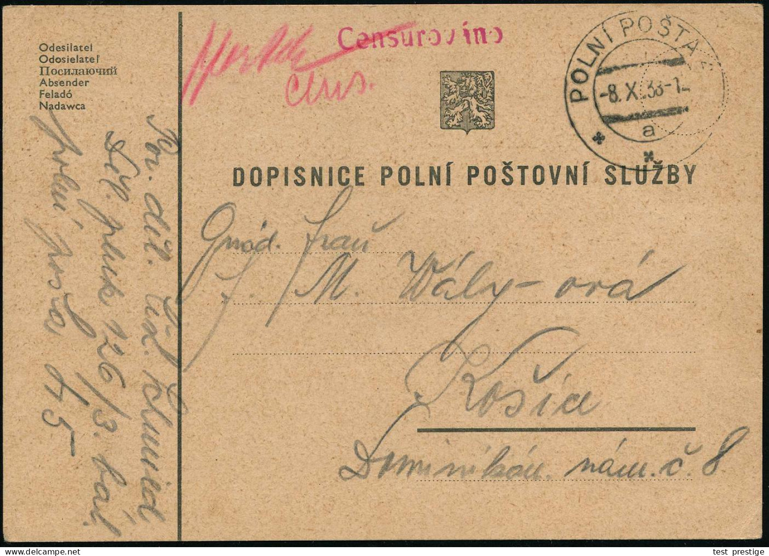 TSCHECHOSLOWAKEI 1938 (8.10.) 2K: POLNI POSTA 45/*** + Roter 1L: Censurovano = Wo. Unbekannt! + Hs. Vermerke, Feldpost-Z - Sonstige & Ohne Zuordnung