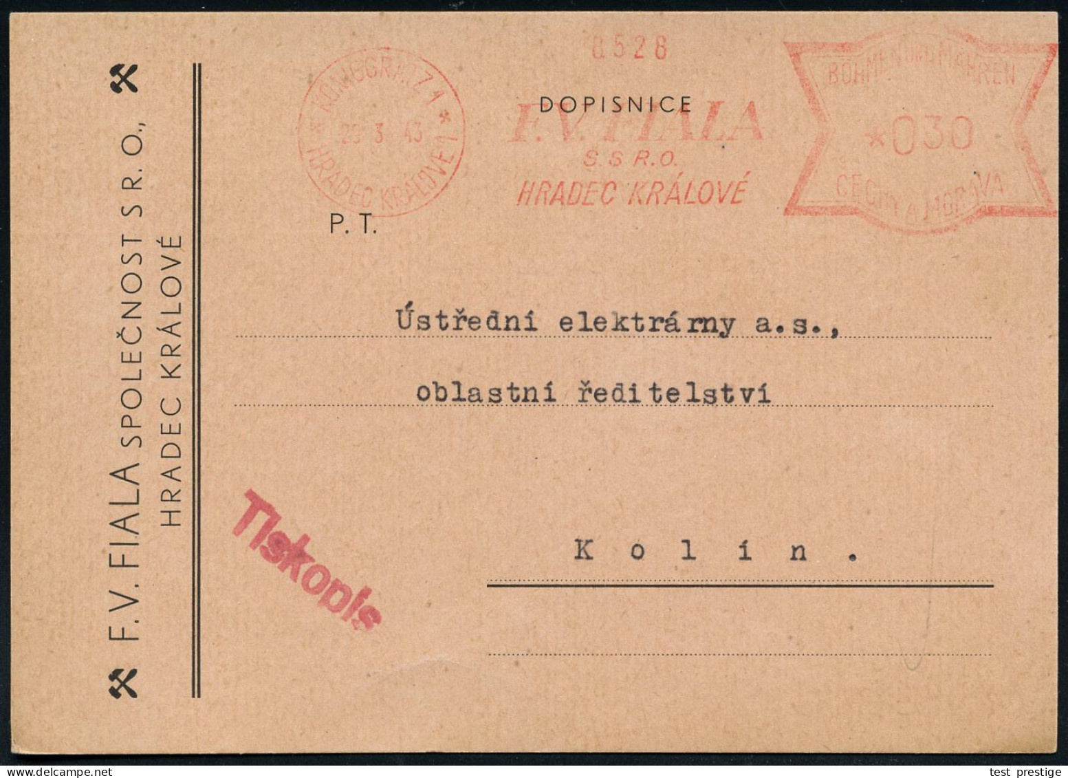 BÖHMEN & MÄHREN 1943 (29.3.) AFS Francotyp: KÖNIGGRÄTZ 1/HRADEC KRALOVE 1/F.V.FIALA/S.S.R.O. , Firmenkarte Mit Bergbauhä - Otros & Sin Clasificación