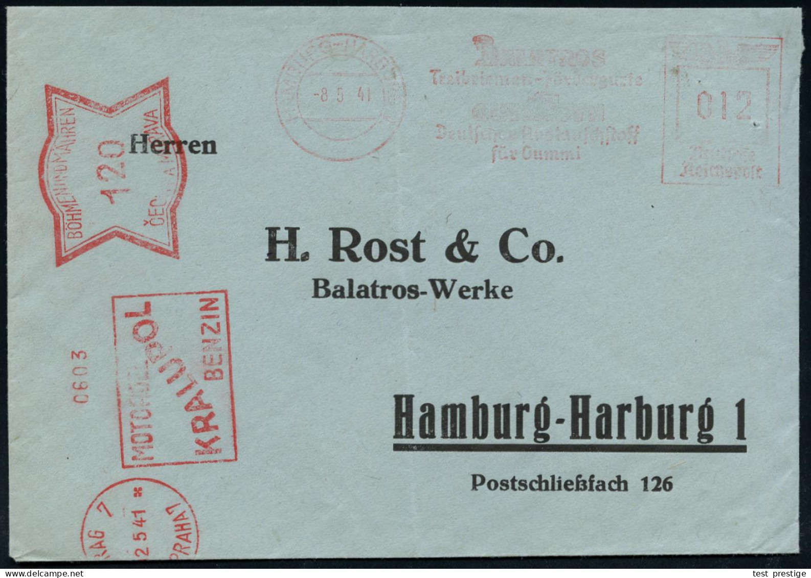 BÖHMEN & MÄHREN 1941 (12.5.) AFS Francotyp: PRAG 7/ PRAHA 7/MOTOROEL/KRALUPOL/BENZIN, 120 H. Als Zusatz-Rückfrankatur Au - Sonstige & Ohne Zuordnung