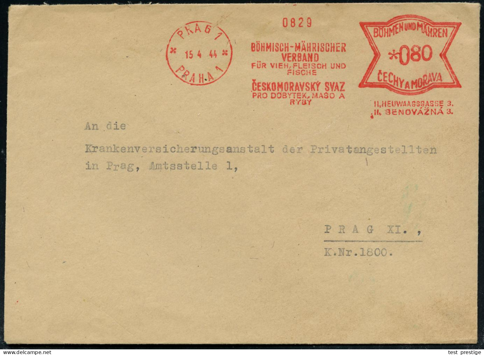 BÖHMEN & MÄHREN 1944 (15.4.) AFS Francotyp: PRAG 1/PRAHA 1/BÖHMISCH-MÄHR./VERBAND/FÜR VIEH, FLEISCH U./FISCHE Klar Gest. - Other & Unclassified
