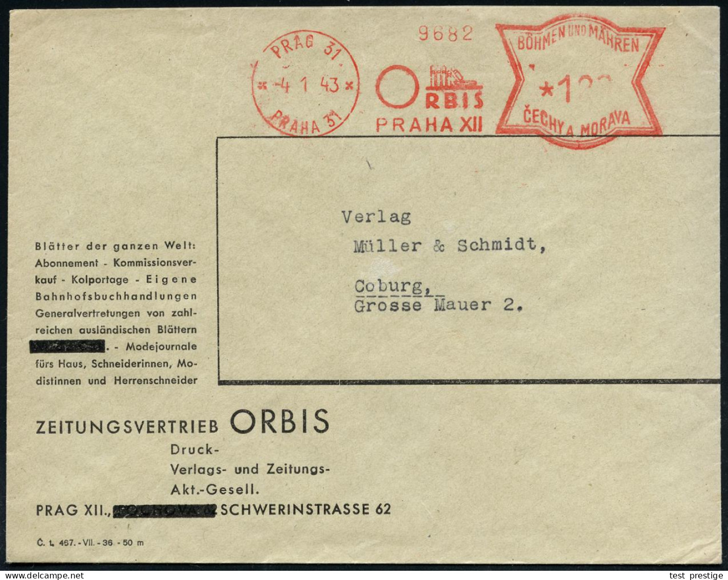 BÖHMEN & MÄHREN 1943 (4.1.) AFS Francotyp: PRAG 31/ PRAHA 31/ ORBIS.. (Bücherregal) Firmen-Bf.: ZEITUNGSVERTRIEB ORBIS.. - Other & Unclassified