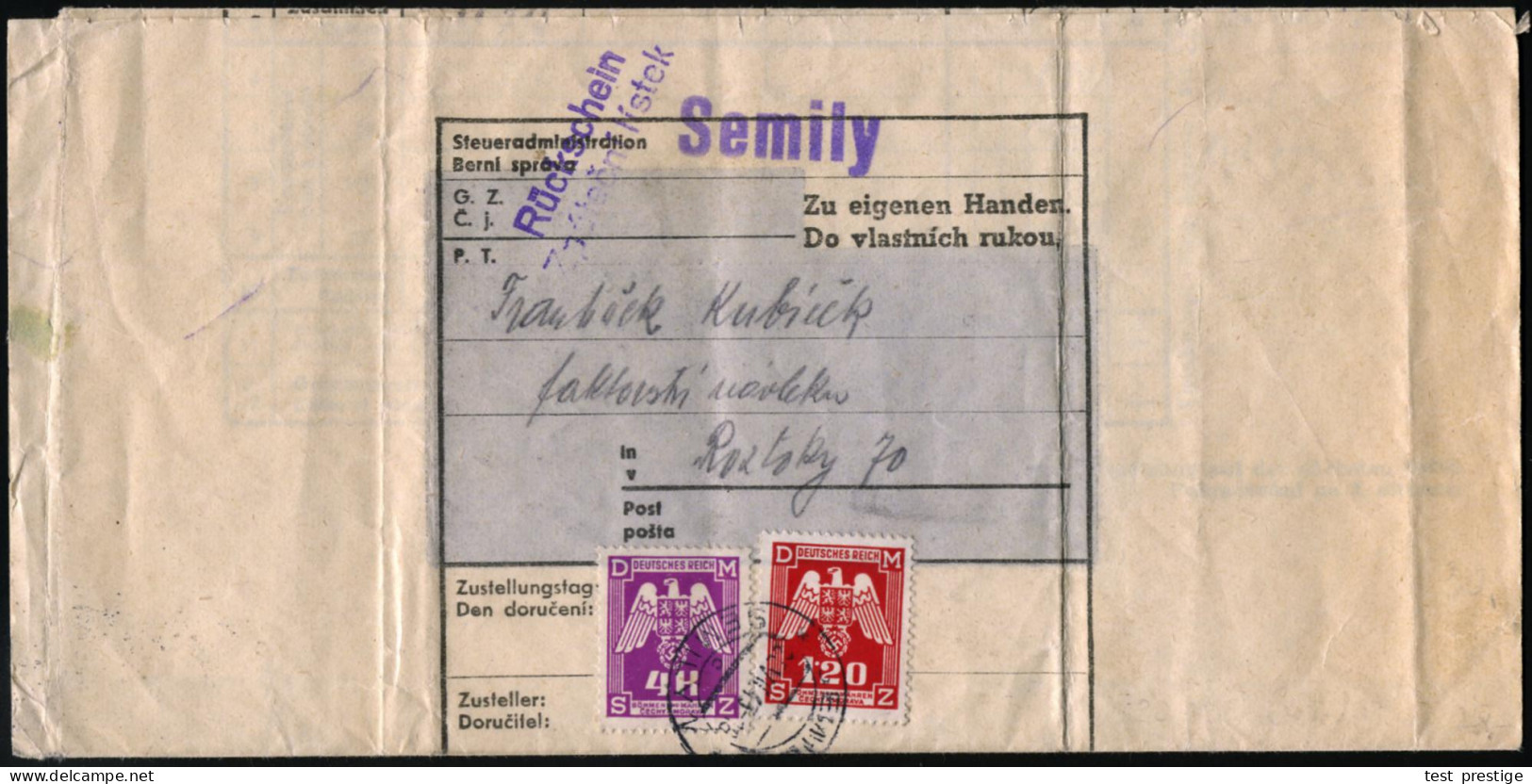 BÖHMEN & MÄHREN 1943 (20.7.) Dienst 1,20 K. U. 4 K., 2K: SEMIL/SEMILY + Viol. 1L: Semily + 2L: Rückschein.. , Seltener F - Other & Unclassified