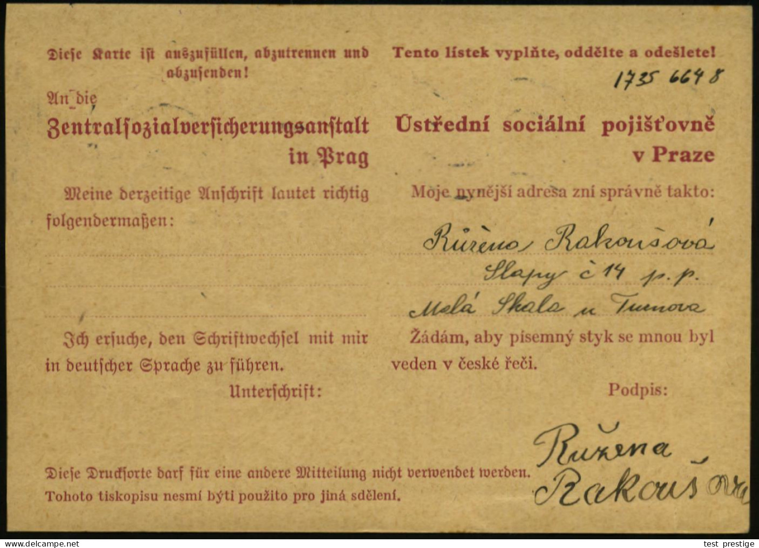 BÖHMEN & MÄHREN 1940 (3.8.) 30 H. "Zentralversicherungsanstalt", Karmin: Antwortkt., 2K: TURNAU 1/ch/TURNOV 1 , Klar Ges - Other & Unclassified