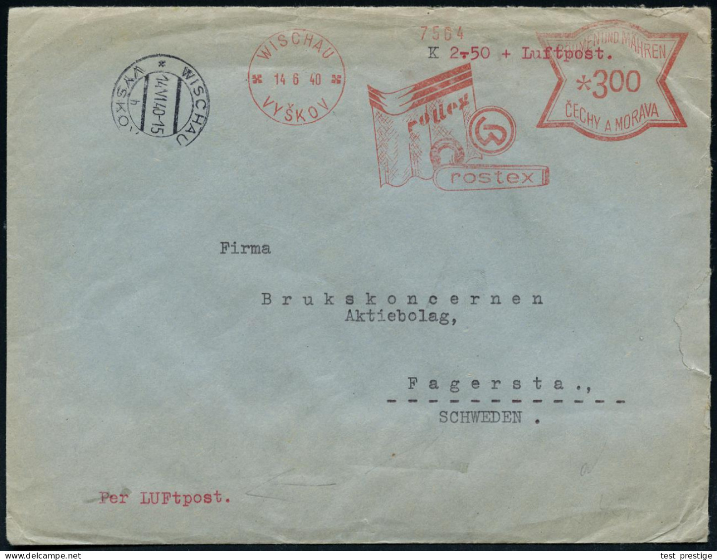 BÖHMEN & MÄHREN 1940 (14.6.) AFS Francotyp: WISCHAU/ VYSKOV/rollex/rostex, *300 H. + 2K-Steg: WISCHAU.. , Rs. OKW-Zensur - Otros & Sin Clasificación