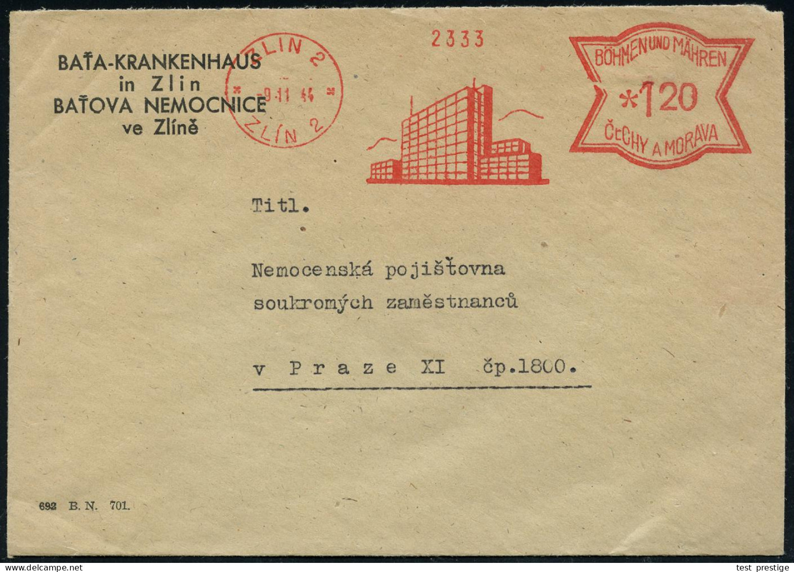 BÖHMEN & MÄHREN 1944 (9.11.) AFS Francotyp: ZLIN 2/ZLIN 2 Ohne Text Im Werbeklischee = Krankenhaus Der Schuhfabrik Bata  - Other & Unclassified