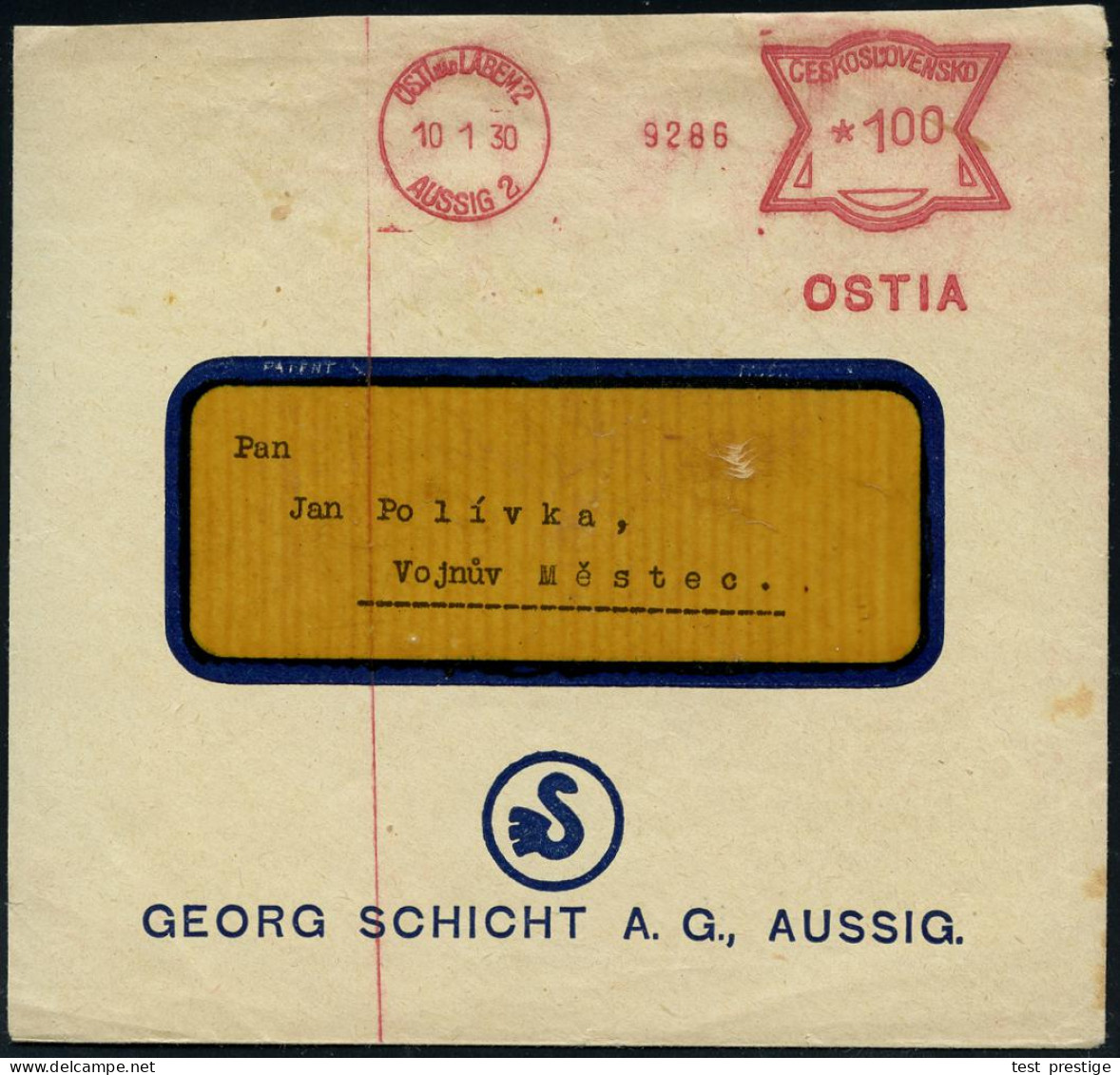 TSCHECHOSLOWAKEI 1930 (10.1.) AFS Francotyp: USTI Nad LABEM 2/ AUSSIG 2/OSTIA Mit CSR-Wertrahmen Auf Firmen-Bf.: GEORG S - Otros & Sin Clasificación