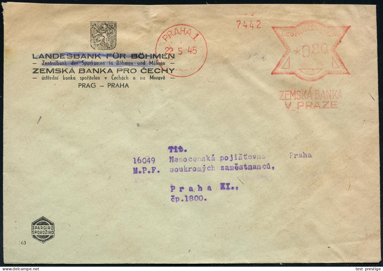 TSCHECHOSLOWAKEI 1945 (22.5.) AFS Francotyp: PRAHA 1/ZENSKA BANKA.. Mit Neuem CSR-Wertrahmen , Alter Firmen-Bf.: SÜARGIR - Other & Unclassified