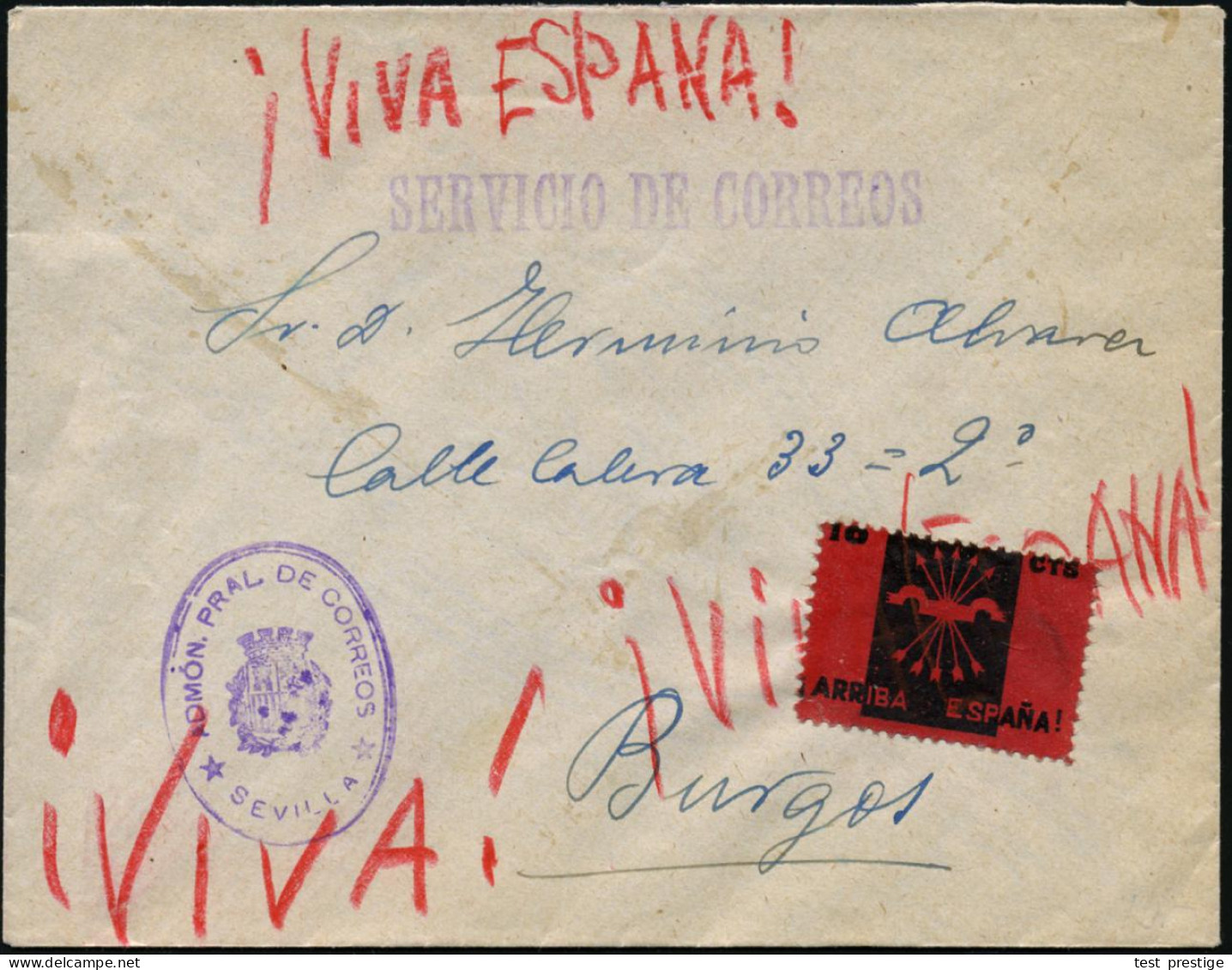SPANIEN 1936 (20.11.) Viol. Doppeloval: ADMON. PRAL DE CORREOS/SEVILLA + 1L: SERVICIO DE CORREOS + Gez. Faschist. Spende - Autres & Non Classés