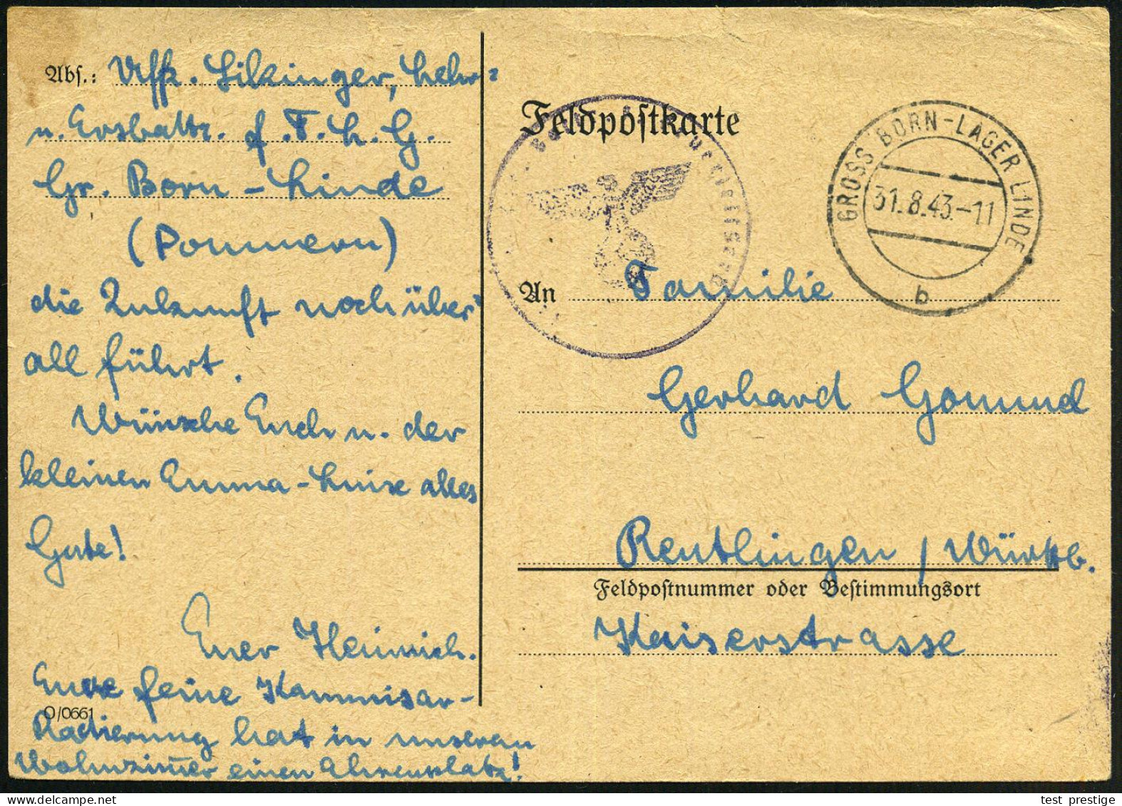 GROSS BORN-LAGER LINDE/ B 1943 (31.8.) 2K-Steg = Hauspostamt Truppenübungsplatz + Viol. 1K-HdN. (teils Etw. Undeutl.) +  - 1939-45