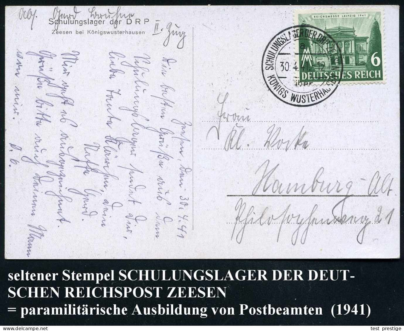 KÖNIGS WUSTERHAUSEN/ SCHULUNGSLAGER DER DRP ZEESEN 1941 (30.4.) Sehr Seltener 2K-Steg = Hauspostamt Traininglager Für Pa - 1939-45
