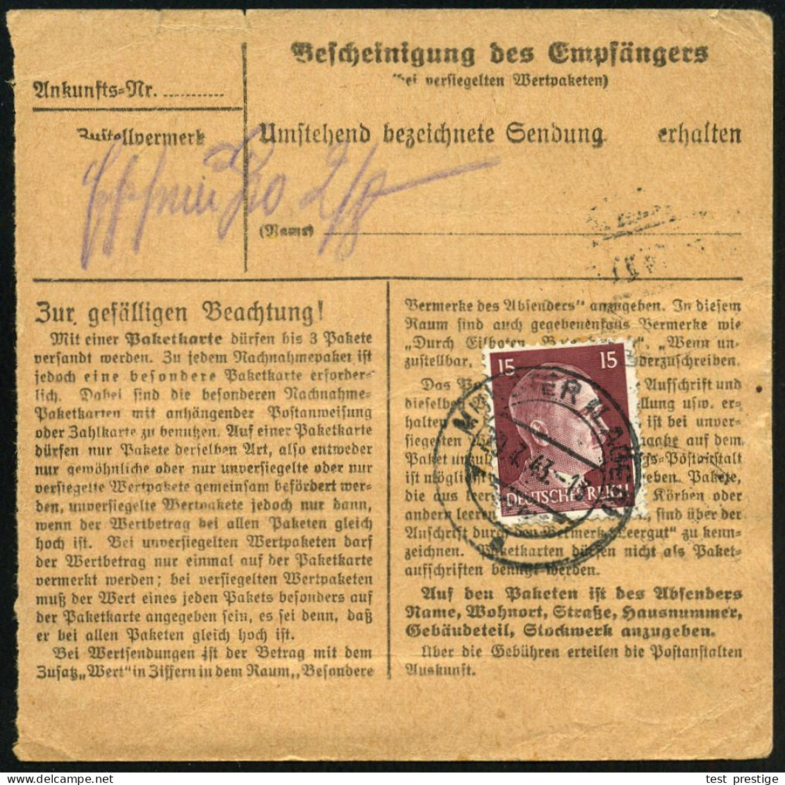 MUNSTER (LAGER)/ C 1943 (29.7.) 2K-Steg Vs./rs. Auf Hitler 15 Pf. (rs.)u. 2x 80 Pf. (teils Etw.undeutl.) + Paketzettel:  - 1939-45