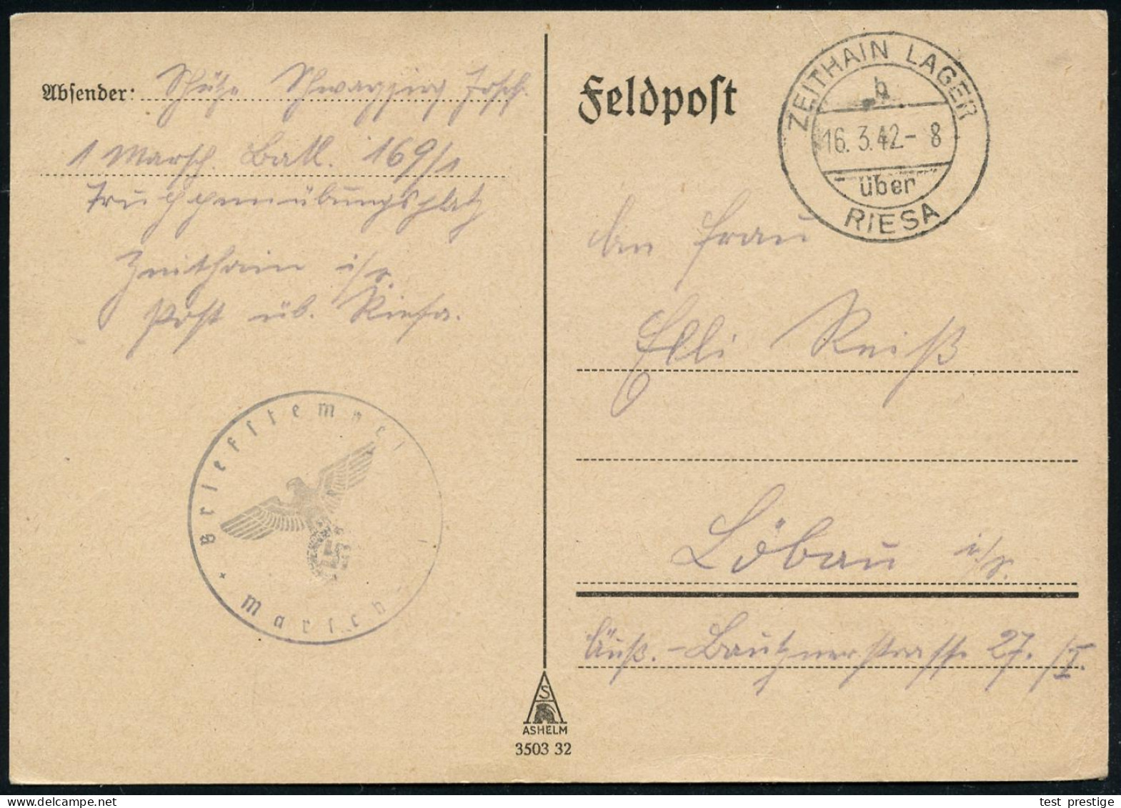 ZEITHAIN LAGER/ B/ über/ RIESA 1942 (16.3.) 2K-Steg PSt.I = Hauspostamt Truppenübungsplatz (Mi.73 B) + Hs. Abs.: "1 Mars - 1939-45