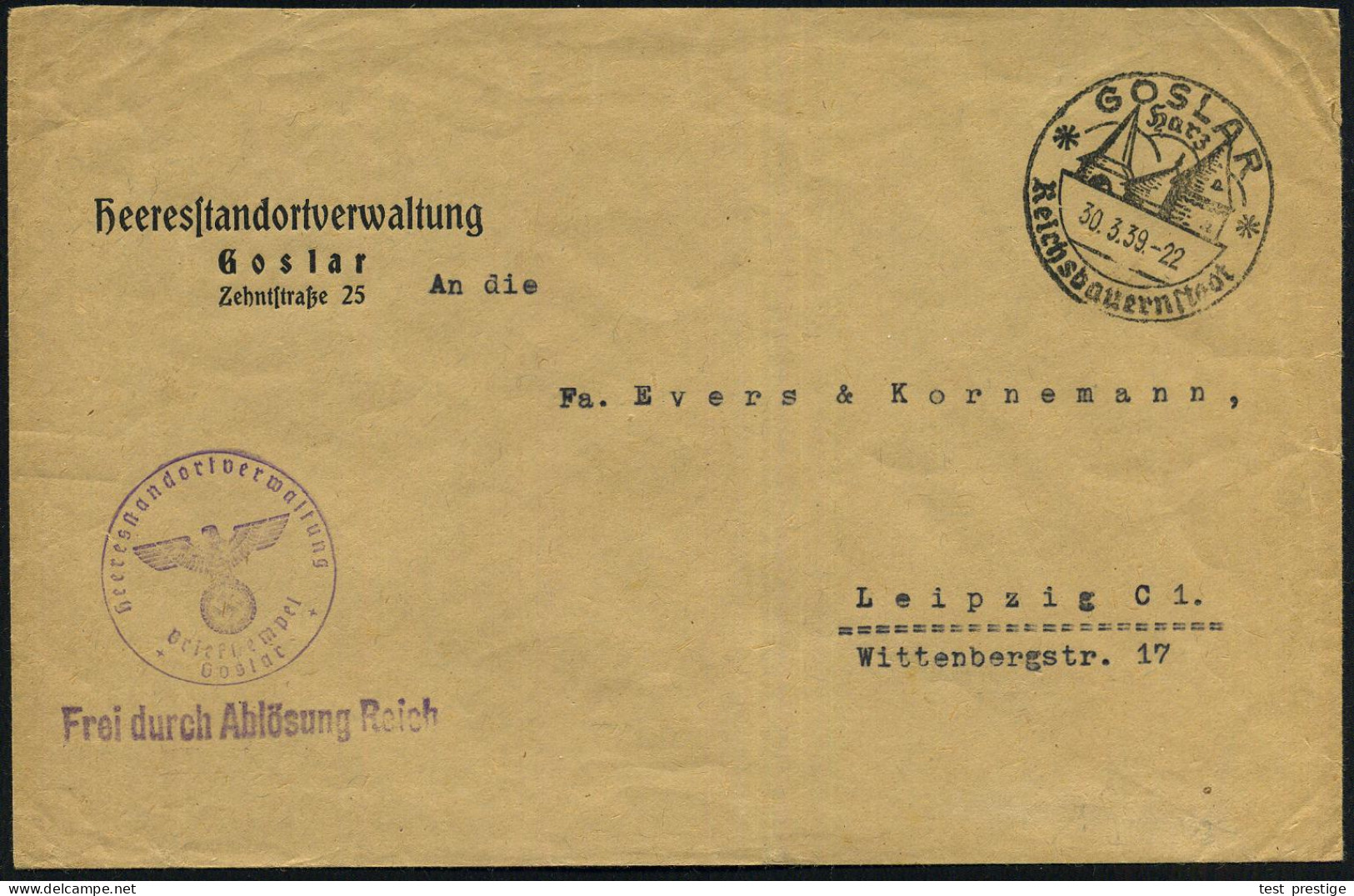 GOSLAR/ Harz/ *Reichsbauernstadt* 1939 (30.3.) HWSt + Viol. 1L: FdAR + 1K-HdN: Heeresstandortverwaltung/Goslar (NS-Adler - Other & Unclassified